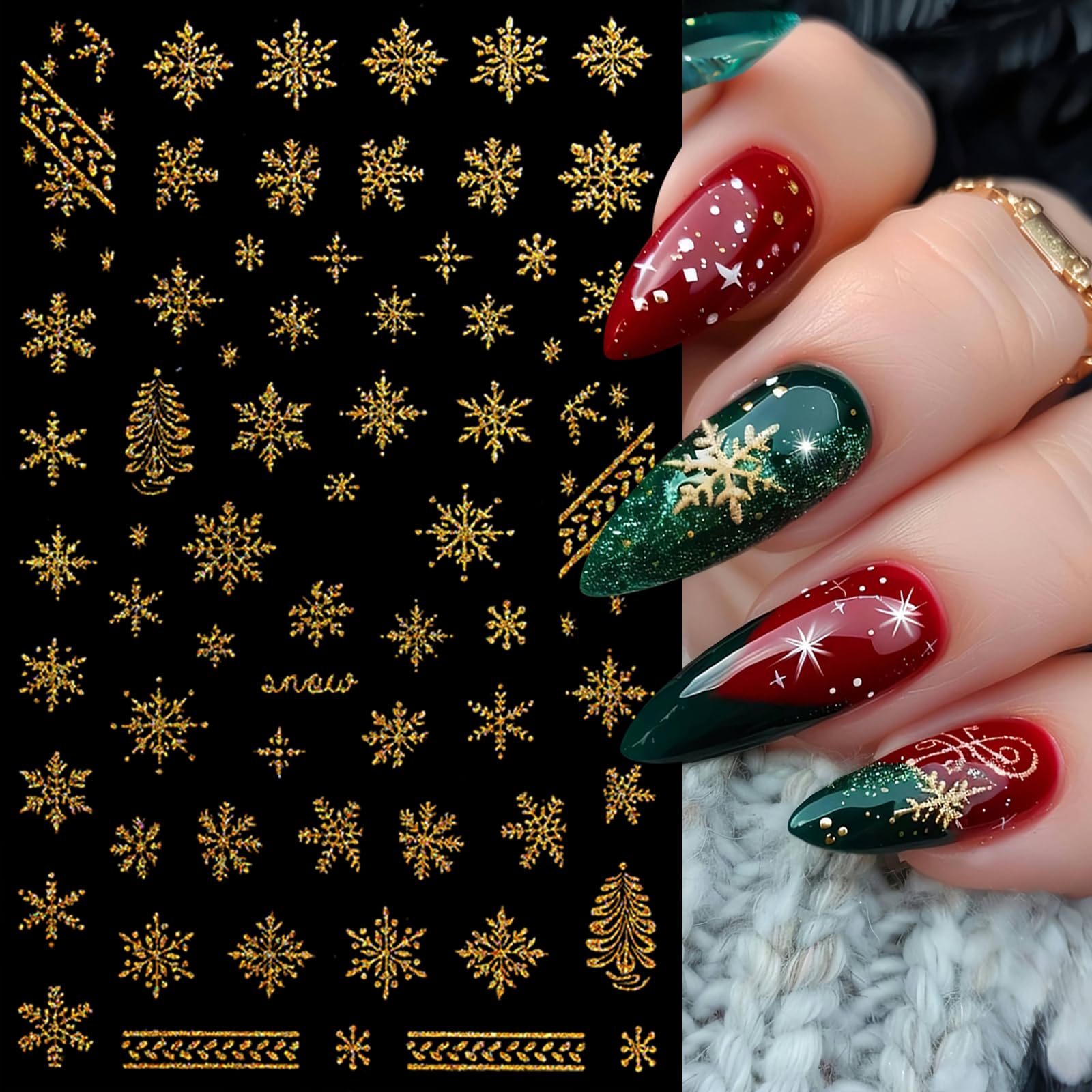 8 Sheets Snowflake Nail Art Stickers 3D Self-Adhesive Christmas Snowflake Glitter Nail Decals Snowflake Xmas Winter Holiday Cute