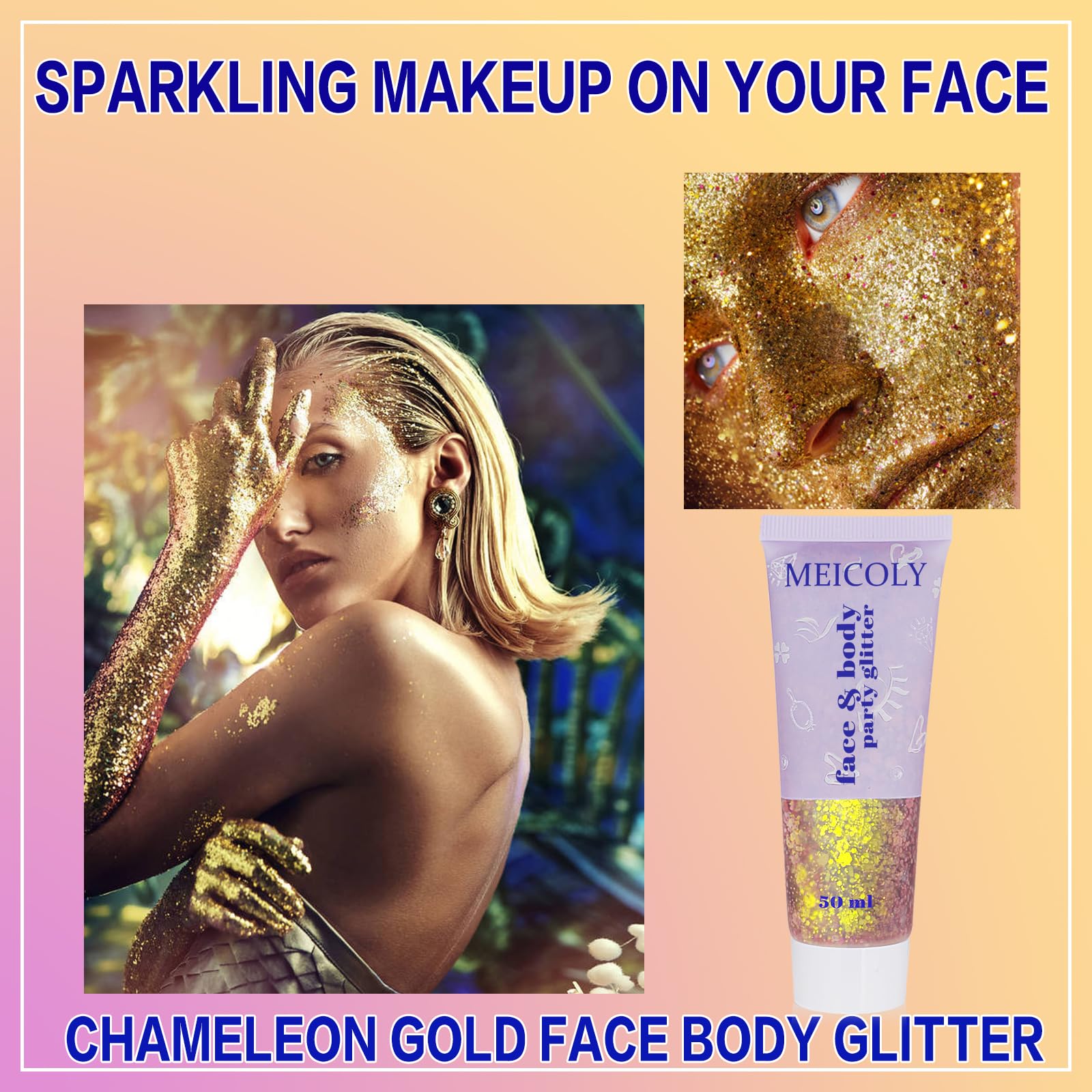 MEICOLY Chameleon Gold Body Glitter,Chunky Glitter Face Paint,Color Changing Mermaid Face Glitter Gel,Holographic Glitter Sequin