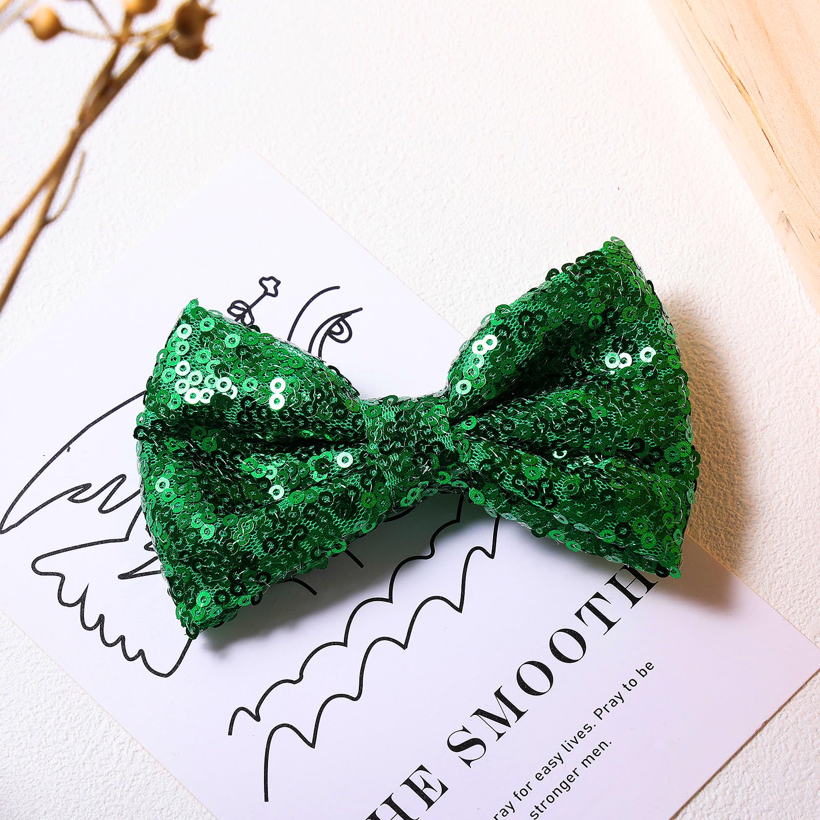 4'' Green Sparkly Glitter Sequin Hair Bows Clips For Toddler Girls Valentines Christmas Birthday Gift Party Dress Outfit Decor A