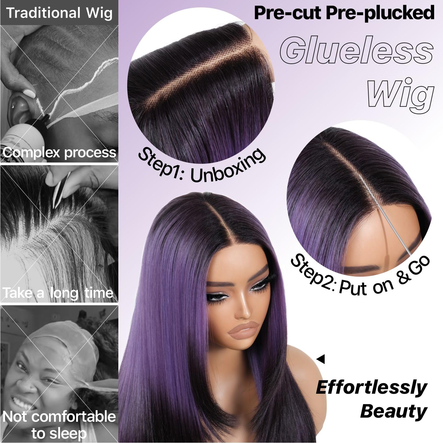 Brownbomb Ombre Purple Black Wear and Go Glueless Wigs Pre Plucked Pre Cut for Beginners Synthetic Lace Front Wigs With Bangs Lo