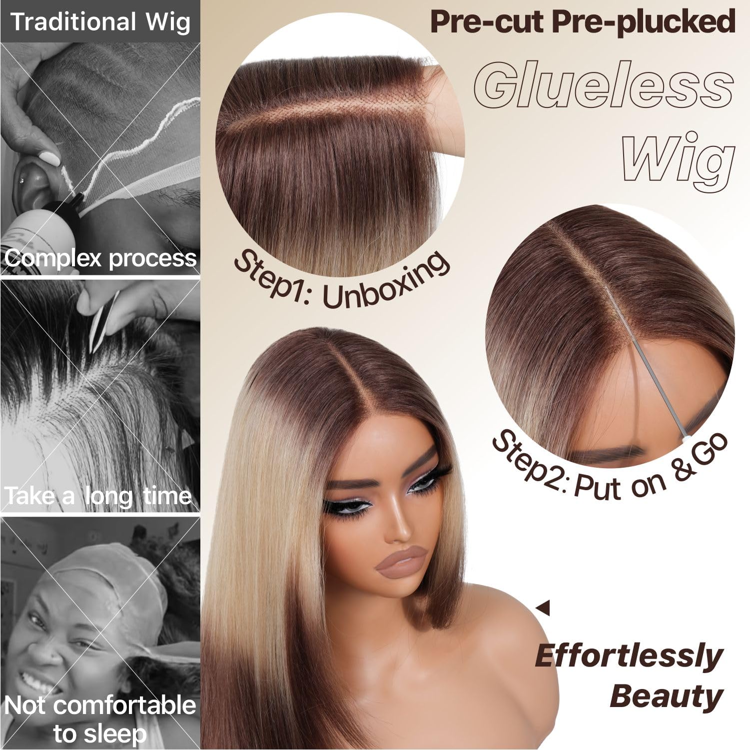 BrownBomb Ombre Blonde Brown Wear and Go Glueless Wigs Pre Plucked Pre Cut for Beginners Synthetic Lace Front Wigs With Bangs Lo
