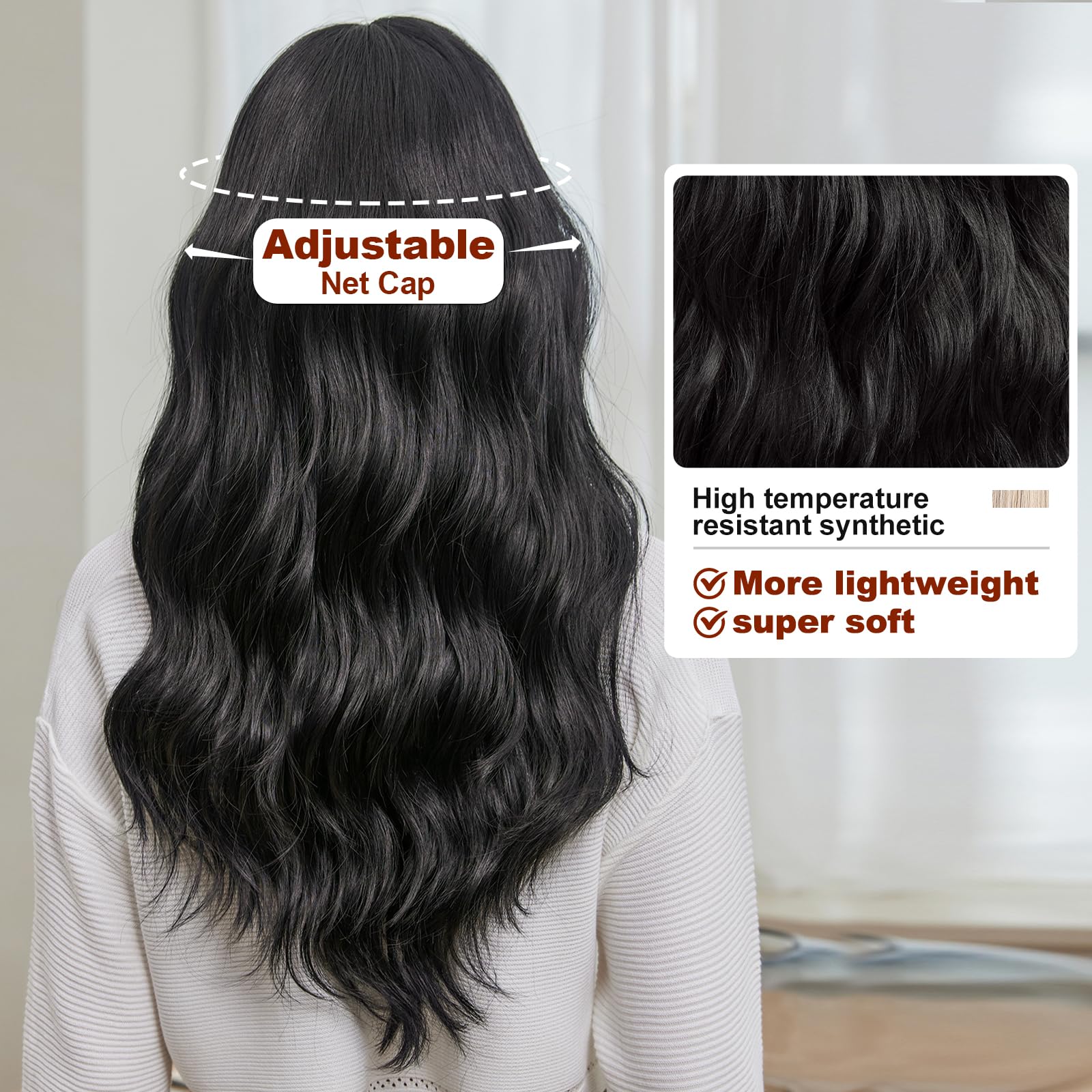 Emmor Black Wigs For Women Long Curly Wigs With Bangs Water Wavy Synthetic Wig, Party Cosplay Daily Use