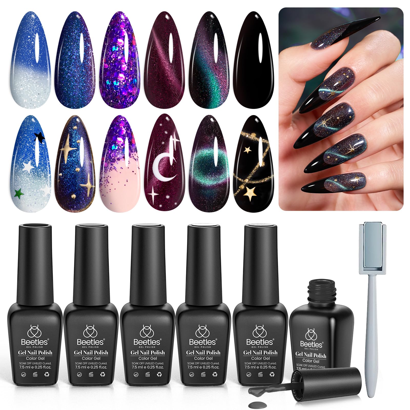 Beetles Cat Eye Gel Nail Polish, 6 Colors Black Purple Blue Galaxy Cat Eye Gel Polish Set, Milky Way Glitter Gel Nail Polish Wit