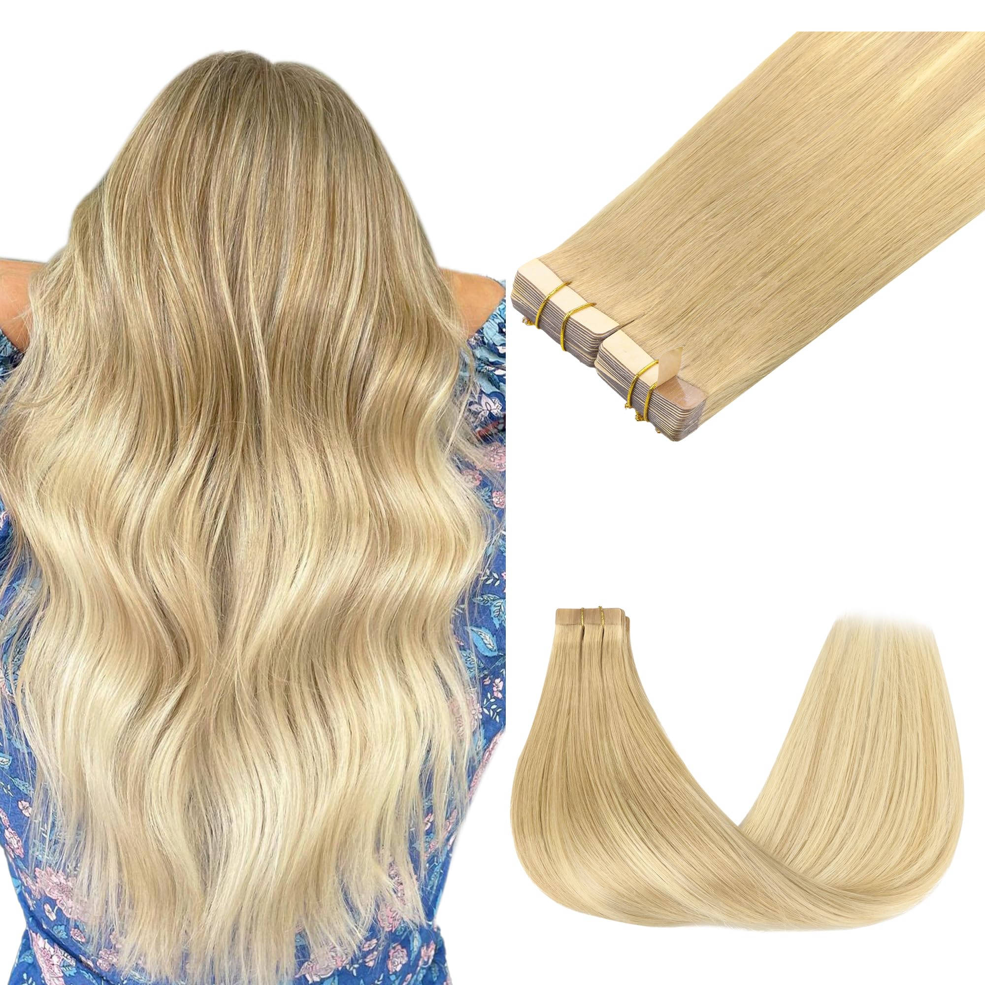 Goo Goo Tape In Hair Extensions Human Hair, 18At60A Pearl Ash Blonde Highlights, 12Inch 80G 40Pcs, Thick Ends Straight Seamless
