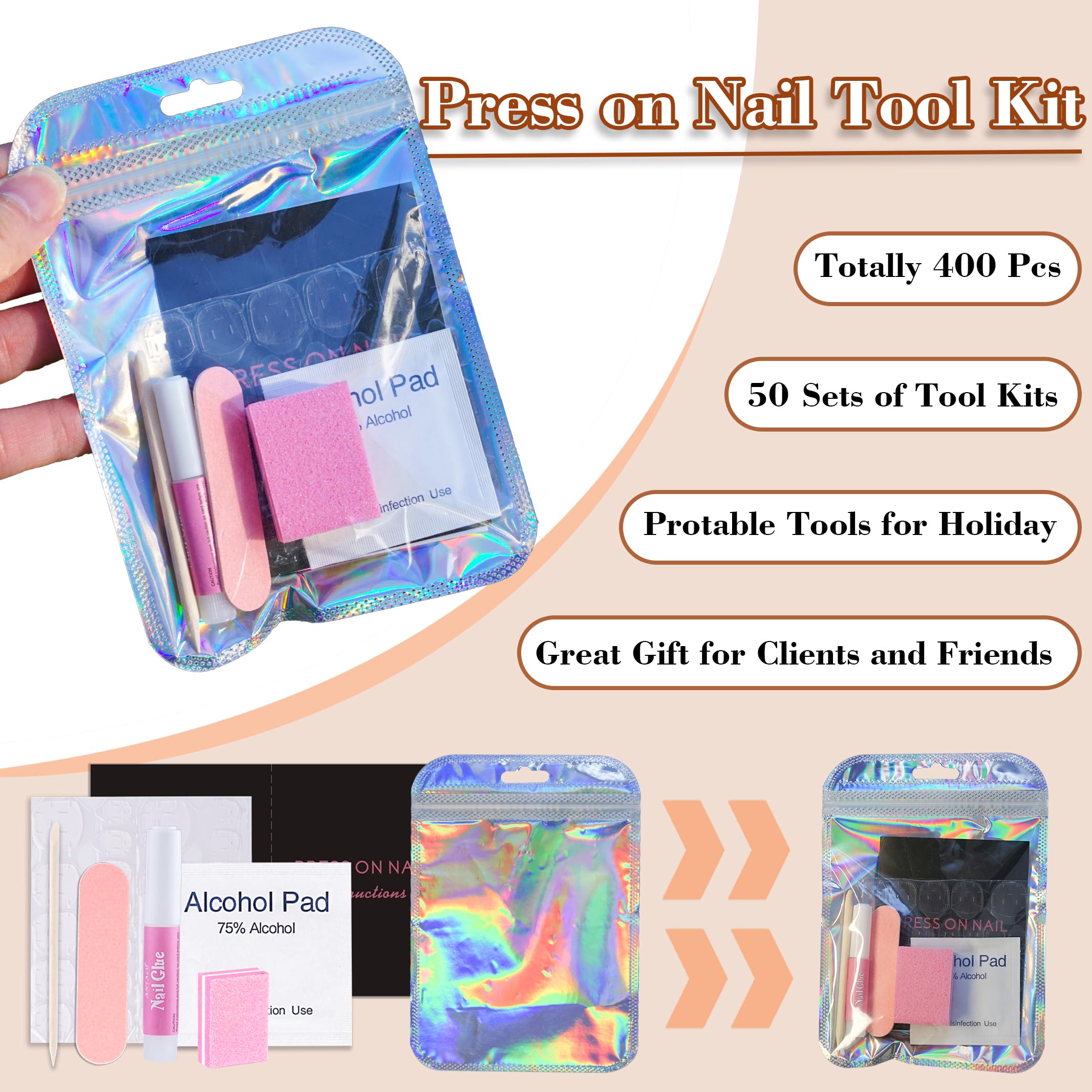 50 Set Press On Nail Tool Prep Kit For Nail Salon Business, Disposable Manicure Kit With Nail File, Buffer, Nail Glue, Prep Pad,