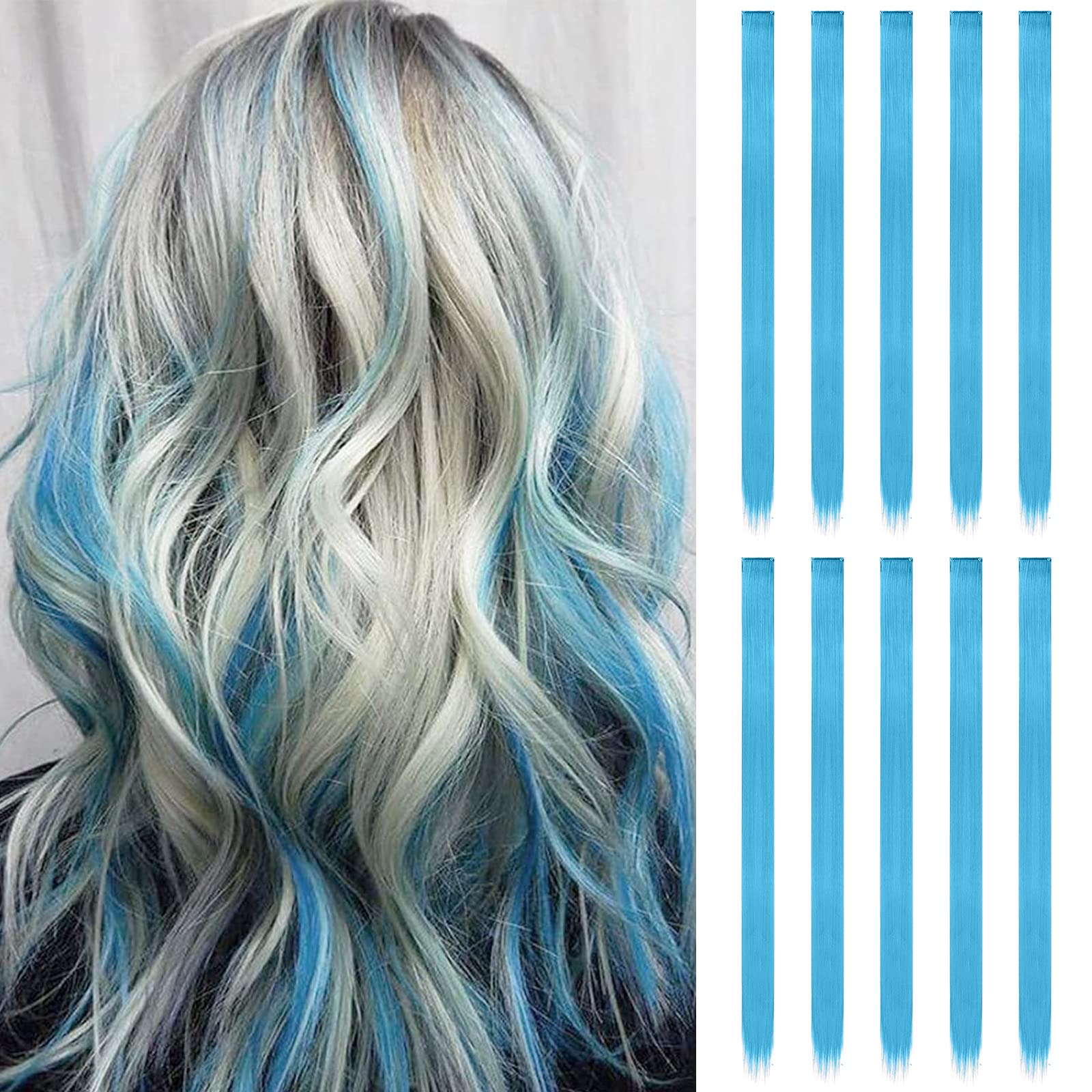 FESHFEN Colored Hair Extensions, Skyblue Clip in Hair Extension 10 PCS Highlight Colorful Hair Piece Straight Synthetic Light Bl