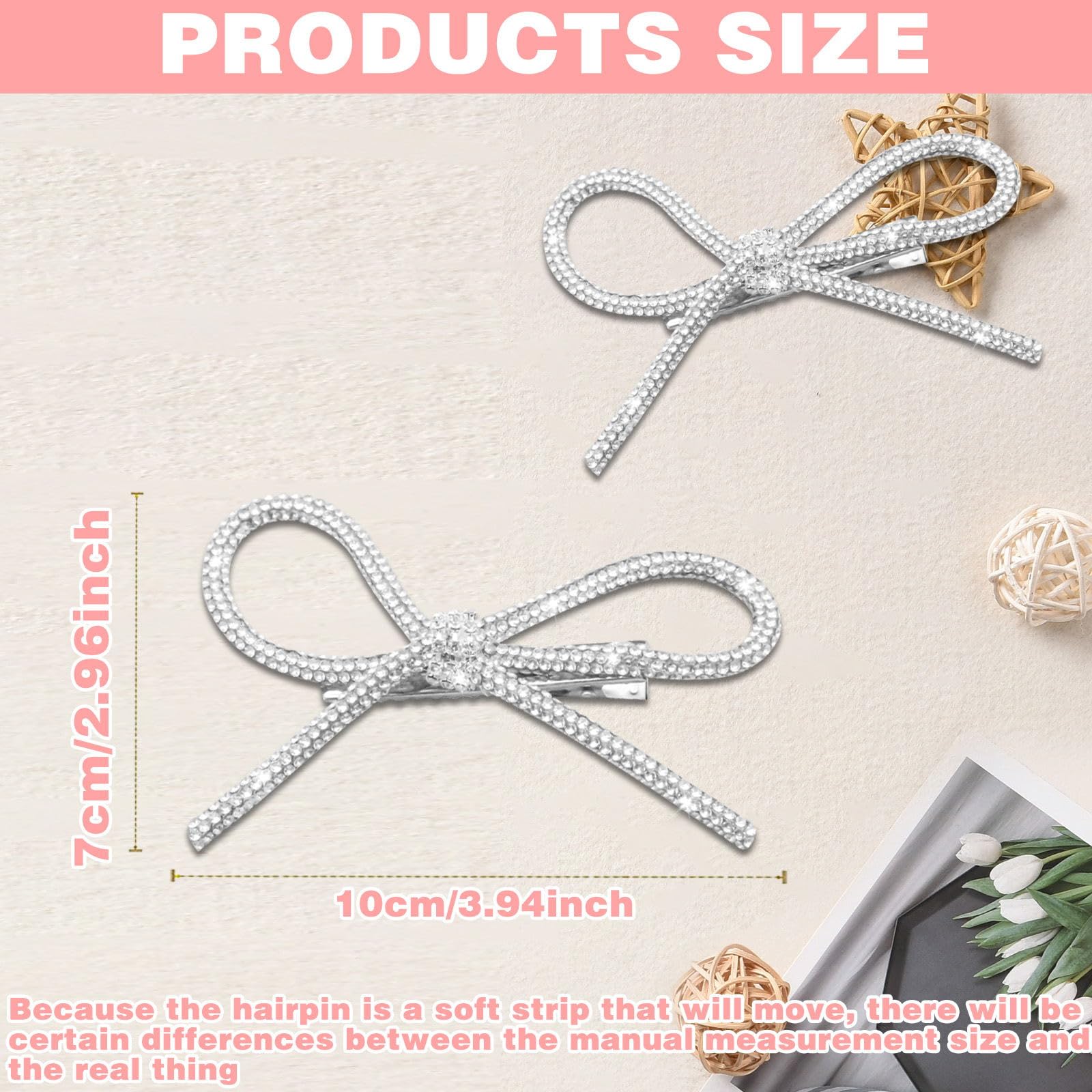 2Pcs Bow Hair Clips, Rhinestone Hair Clips Silver Glitter Crystal Bows Clips for Women, Hair Bow Clips Rhinestones Sparkle Bow H