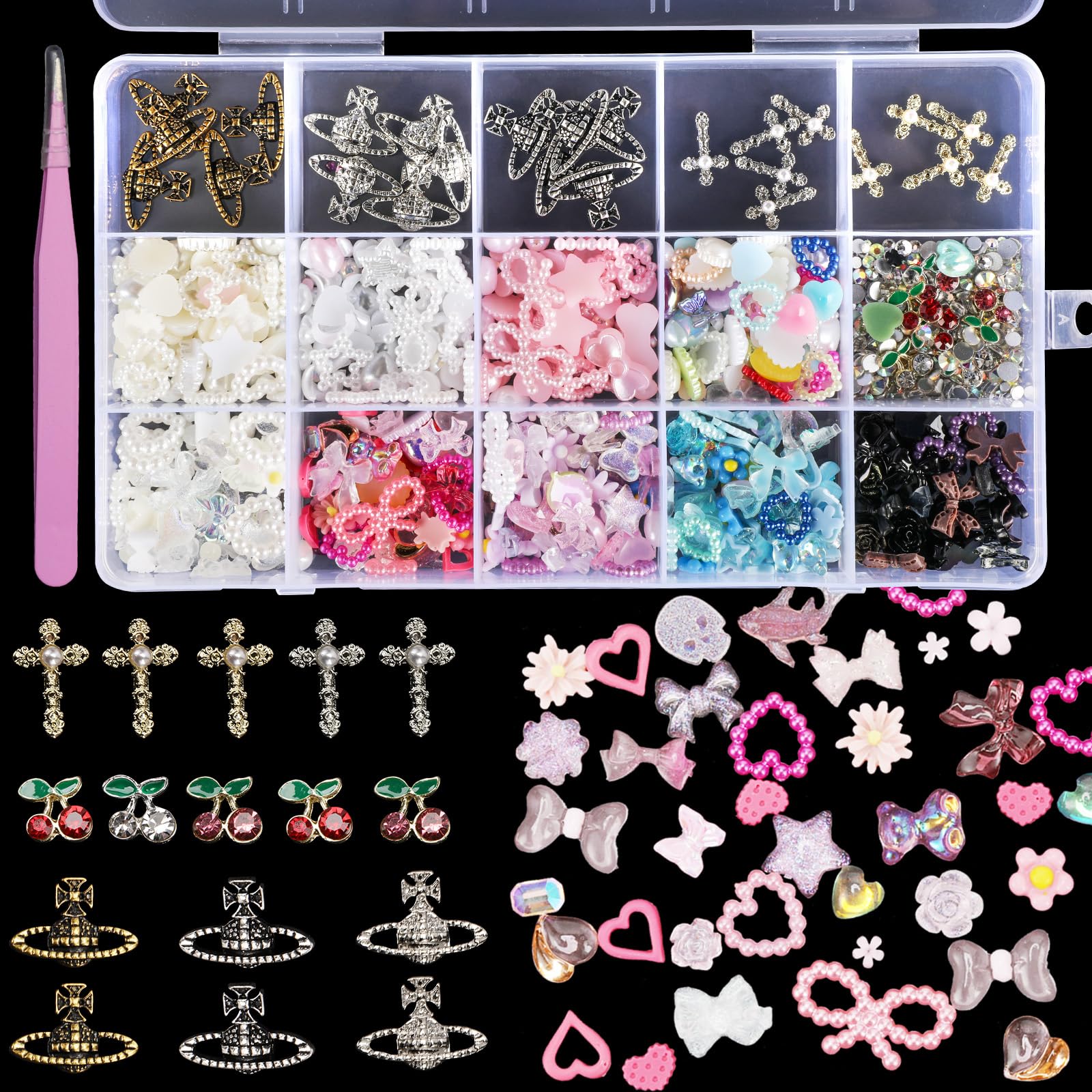 Assorted Variety Pearls Alloy 3D Nail Charms Colorful Heart Flower Butterfly Bow Nail Charms Planet Cross Cherry Metal Nail Char