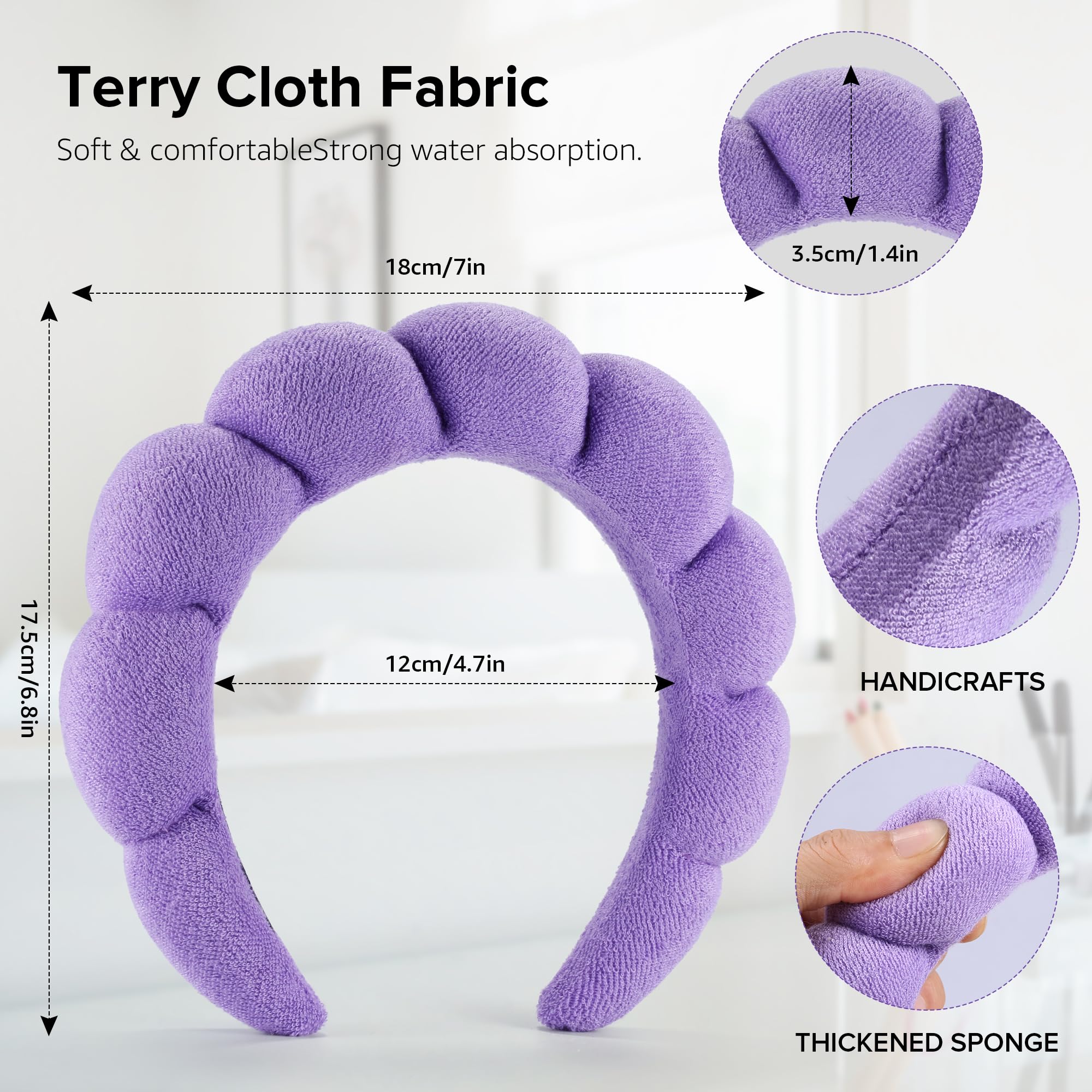 Ztomine Terry Cloth Spa Headbands For Washing Face Or Facial, Set Of 2, Black & Purple - Puffy Makeup Headbands For Face Washing