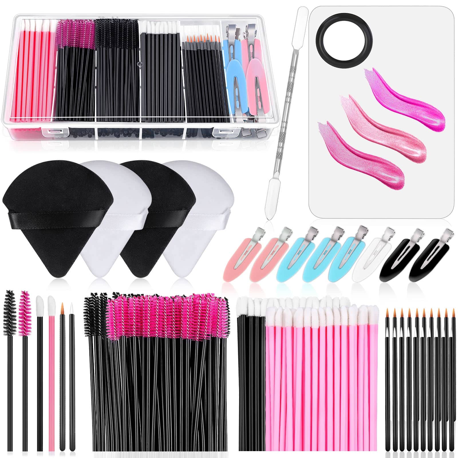 Disposable Makeup Applicators Accessories Kit Makeup Artist Supplies with Mixing Tray Mascara Wands, Lip Brushes, Hair Clips Tri