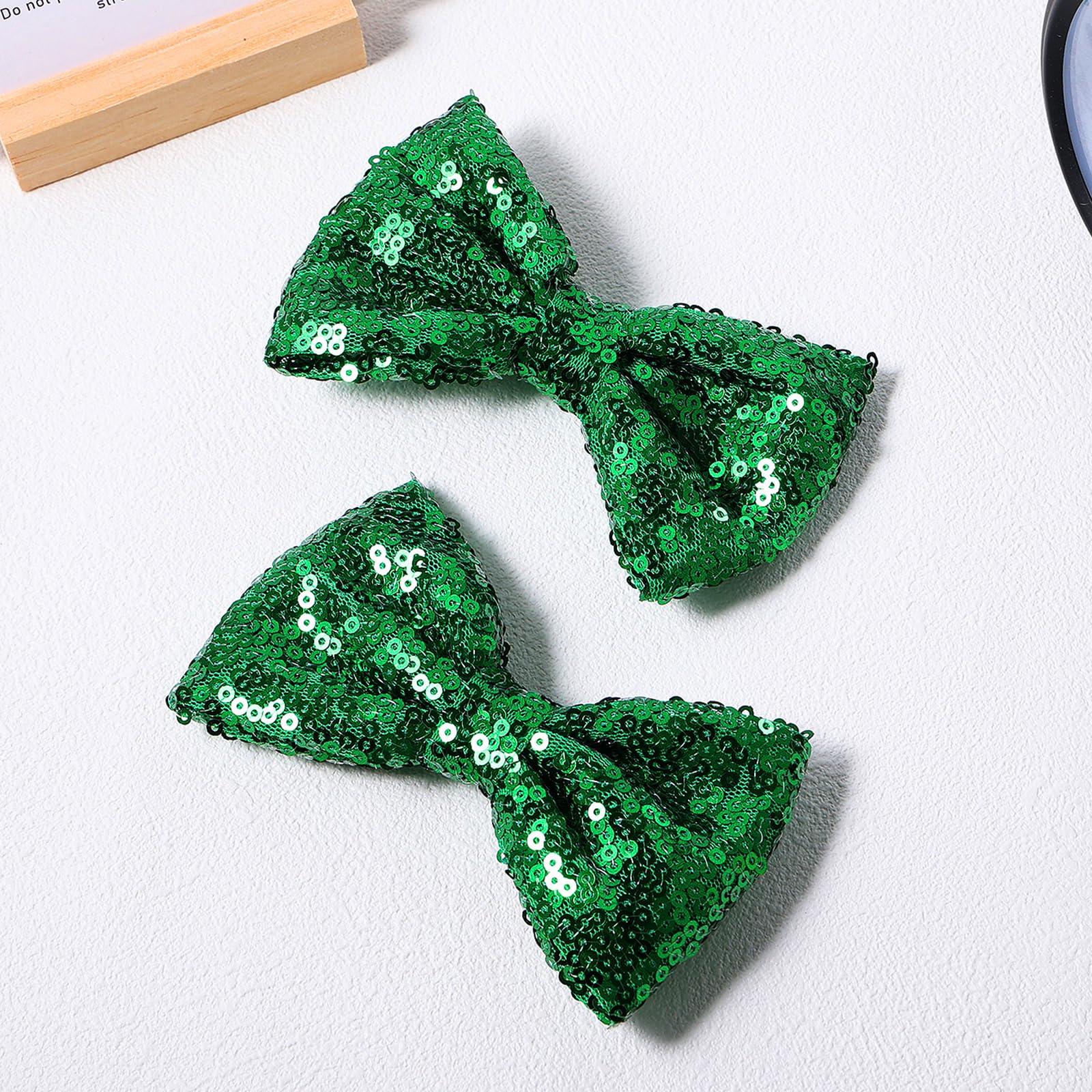 4'' Green Sparkly Glitter Sequin Hair Bows Clips For Toddler Girls Valentines Christmas Birthday Gift Party Dress Outfit Decor A