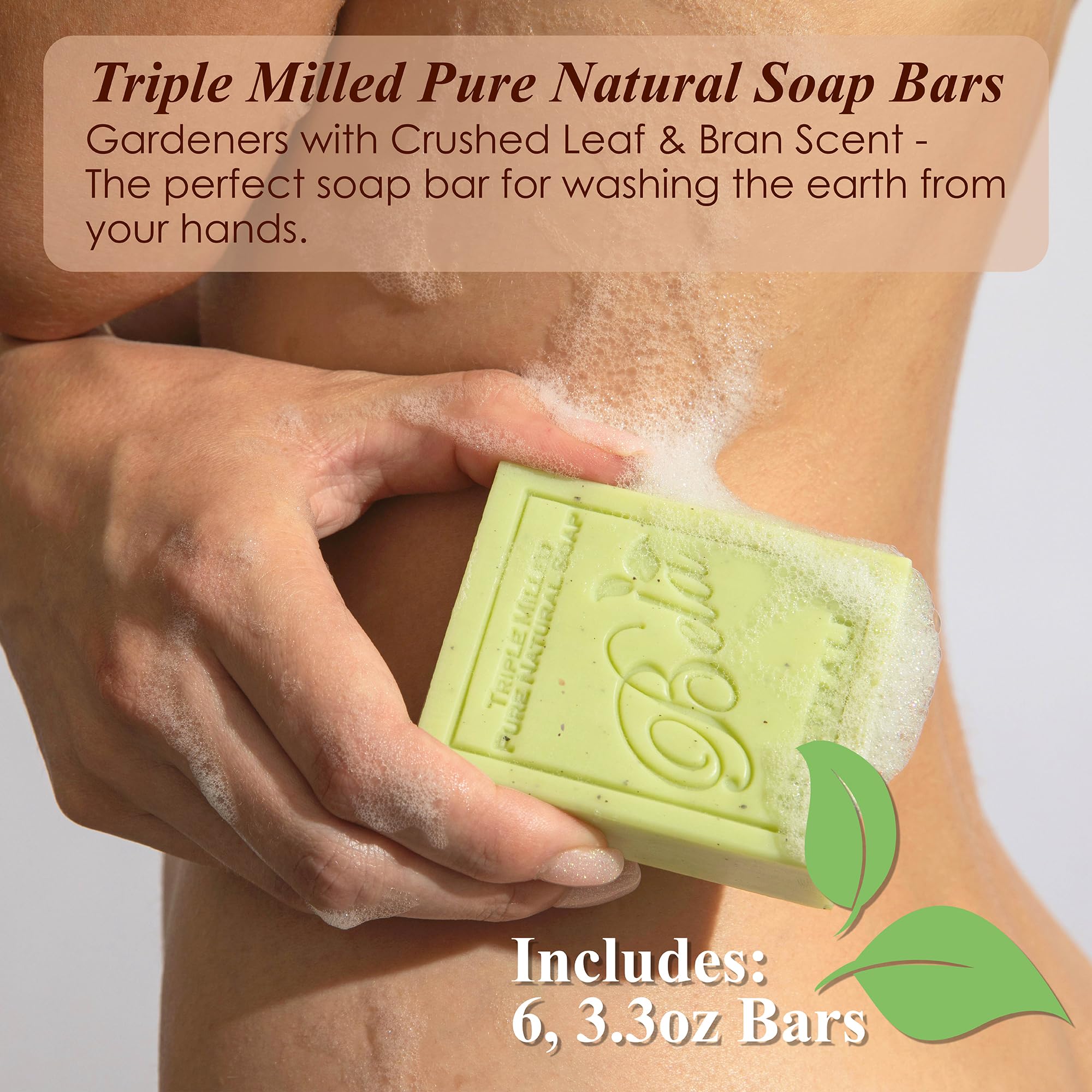 Bela Bath & Beauty, Gardeners With Crushed Leaf, Bran, And Oats, Triple Milled Moisturizing Soap Bars, No Harsh Ingredients, 3.3