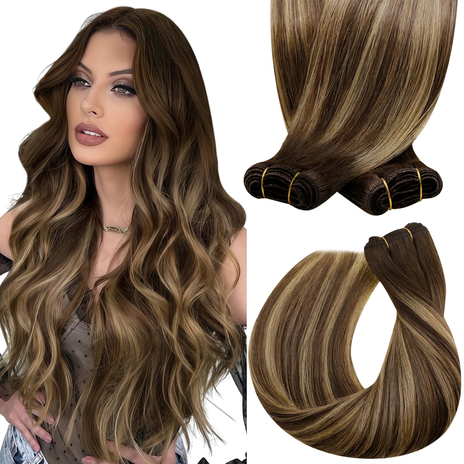Sunny 120g Sew in Hair Extensions Real Human Hair Ombre Weft Hair Extensions Human Hair Dark Brown Ombre Caramel Blonde Balayage
