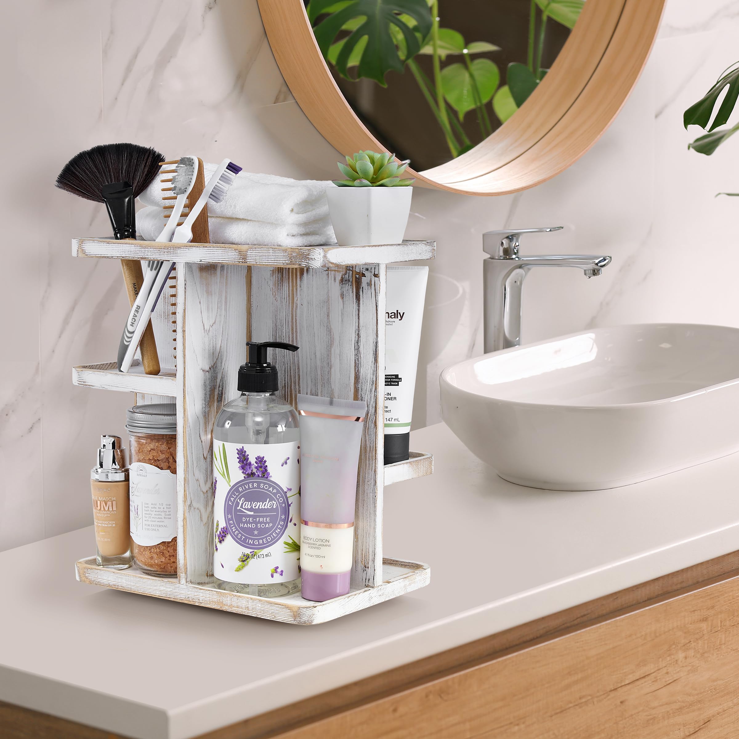 Sorbus 360 Makeup Organizer - Grey Rustic Wood Storage Carousel For Cosmetics, Make Up, Skin Care Organizer - Rotating Makeup Or