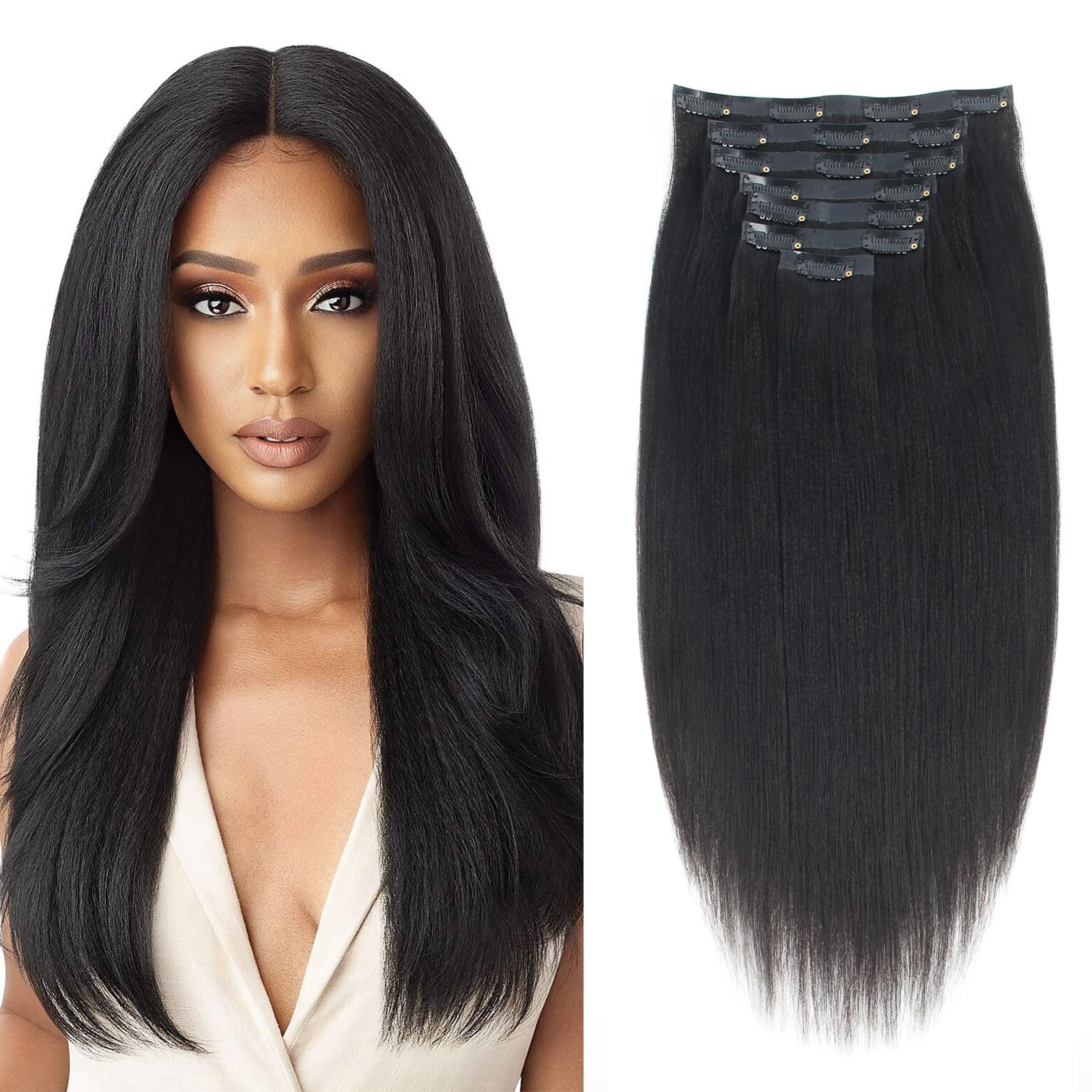 ABH AMAZINGBEAUTY HAIR Yaki Straight Clip in Extensions Real Human Hair 18 Inch Seamless Clip ins for Black Women Human Hair Dou