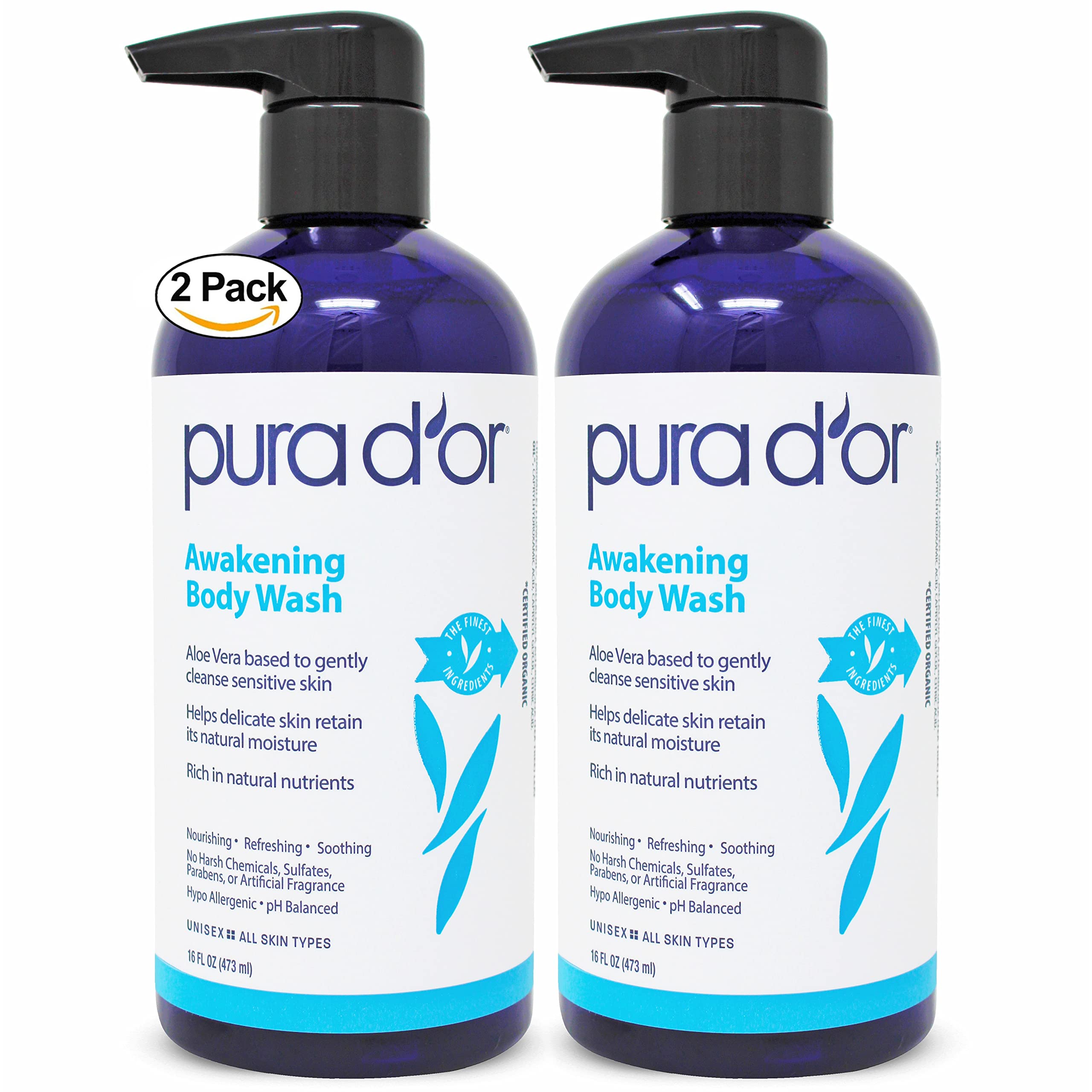 PURA D'OR Awakening Body Wash (16oz x2 = 32oz) Aloe Vera, Chamomile, Lavender, Tea Tree for Invigorating Earthy Scent, pH Balanc