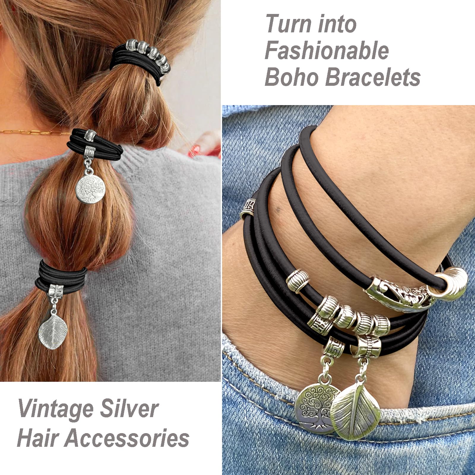 Black Boho Bracelet Hair Ties For Women, Vintage Ponytail Holders Silver Hair Accessories For Girls With Metal Jewelry Cute Pony