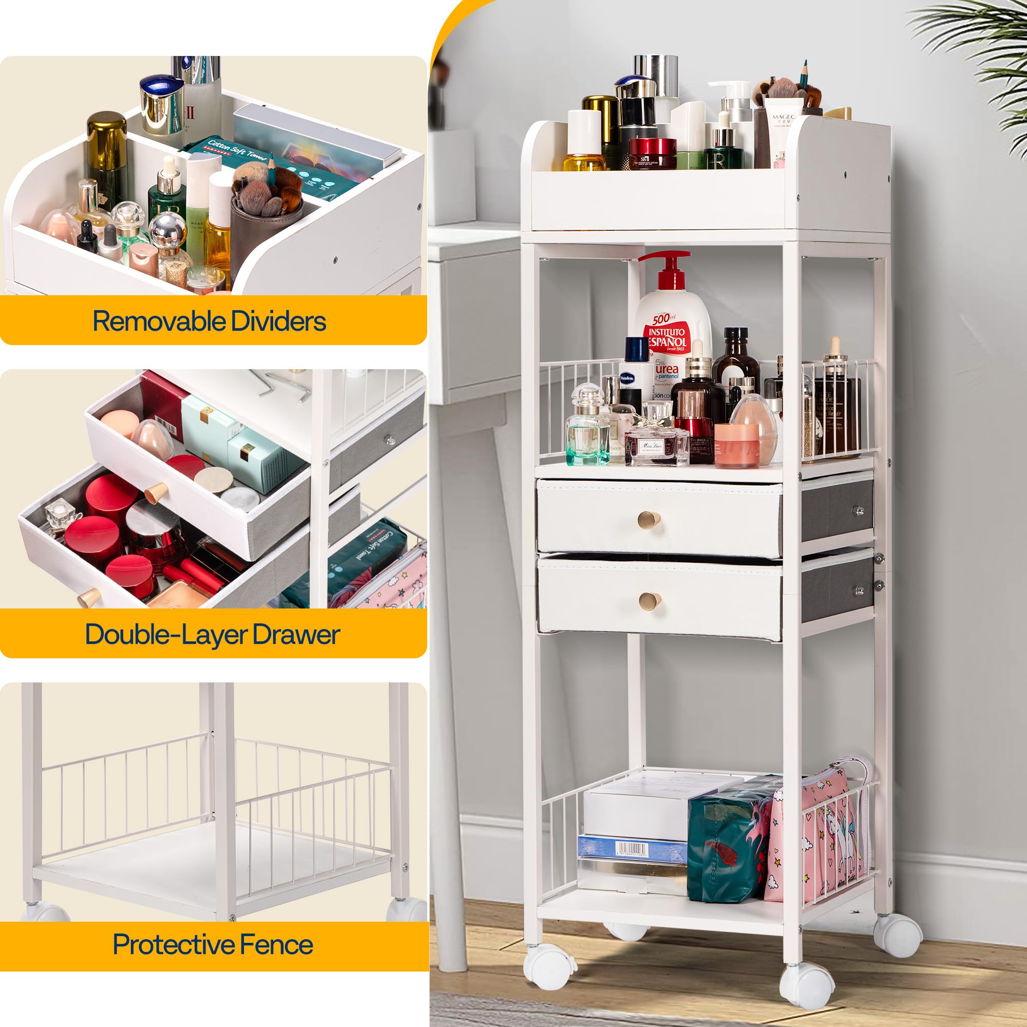 Vivohome Makeup Organizer With Drawers, Cosmetics Display Cases, 2 Shelves Floor Skincare Organizer Cart, Vanity Organizer Holde