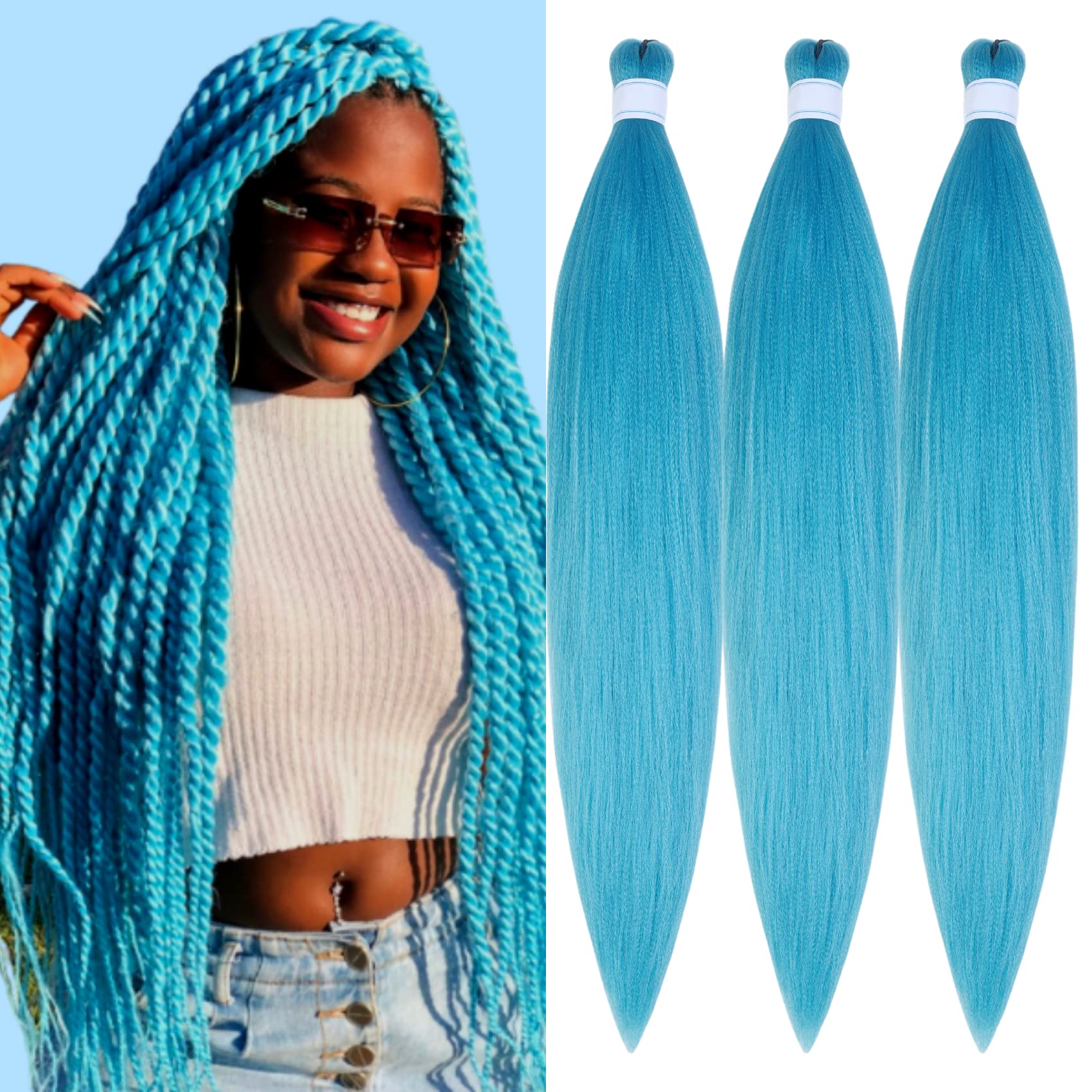 Gozill Mint Ice Blue Braiding Hair Pre stretched Kanekalon Braiding Hair Prestretched Ez Braid Colored Braiding Hair Extensions