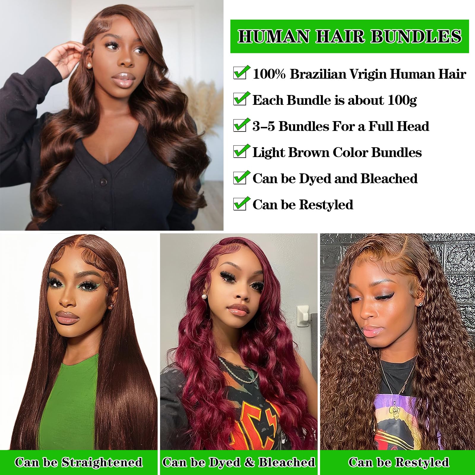 Kapelli Hair 10A Human Hair Bundles Chocolate Brown Brazilian Virgin Hair Body Wave (#4,24 26 28) Brazilian Human Hair 100% Unpr