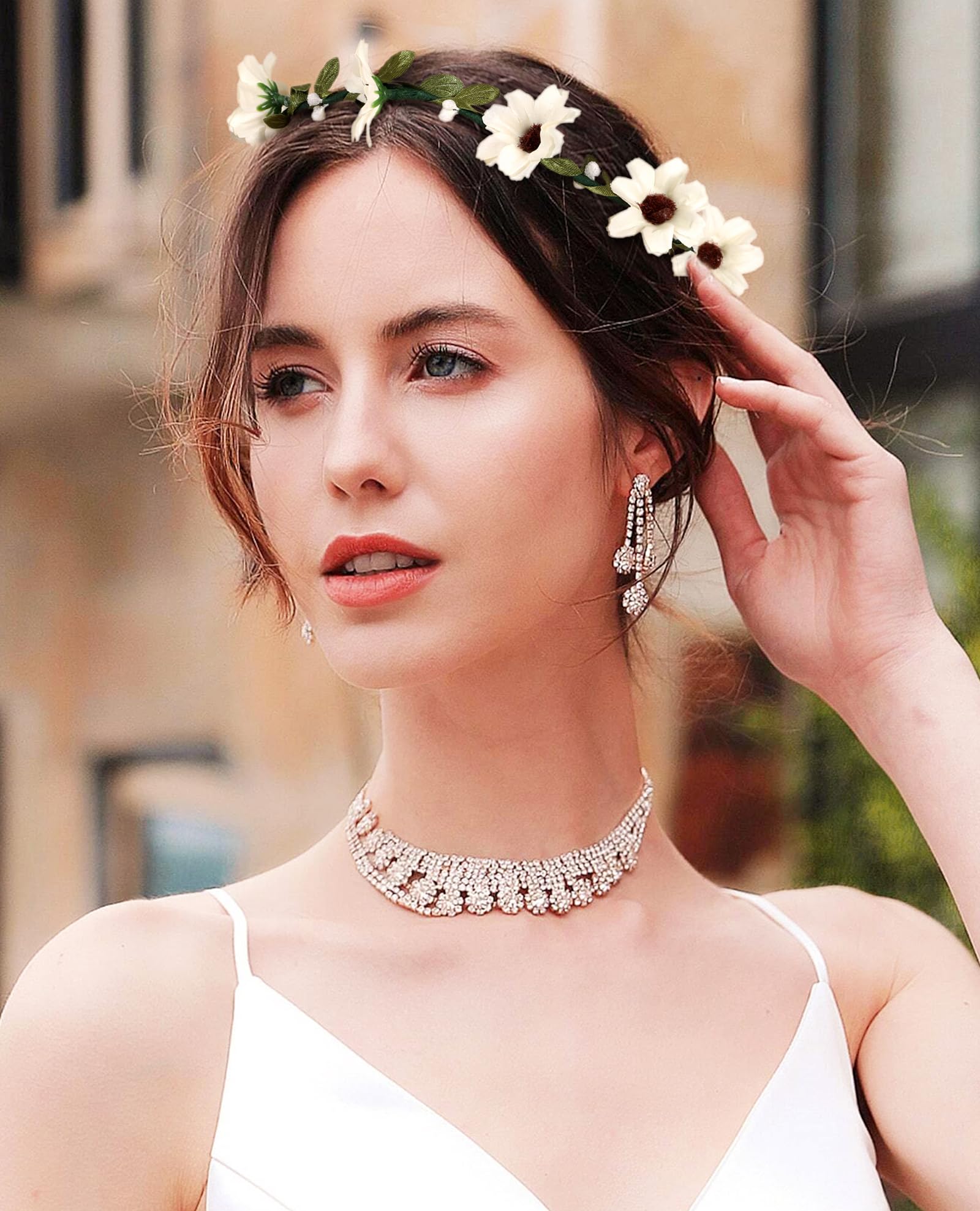 AWAYTR Bohemia Flower Crown Headband - Women Girl Fashion Green Leaves Ribbon Garland Floral Headpiece For Wedding Party Photogr