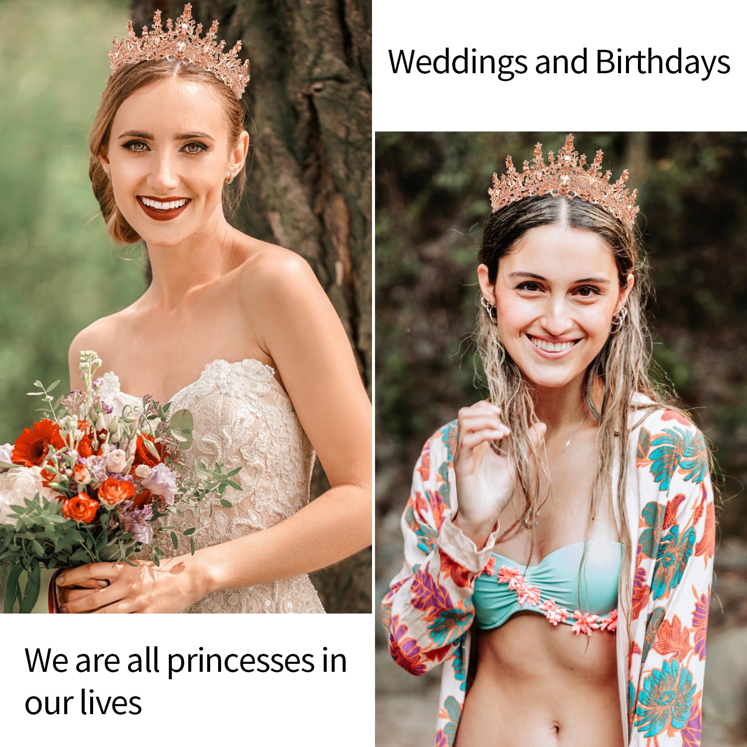 Velscrun Rose Gold Crystal Birthday Queen Tiara Crown For Women Girls Birthday Queen Headband Sash Elegant Princess Crown With C