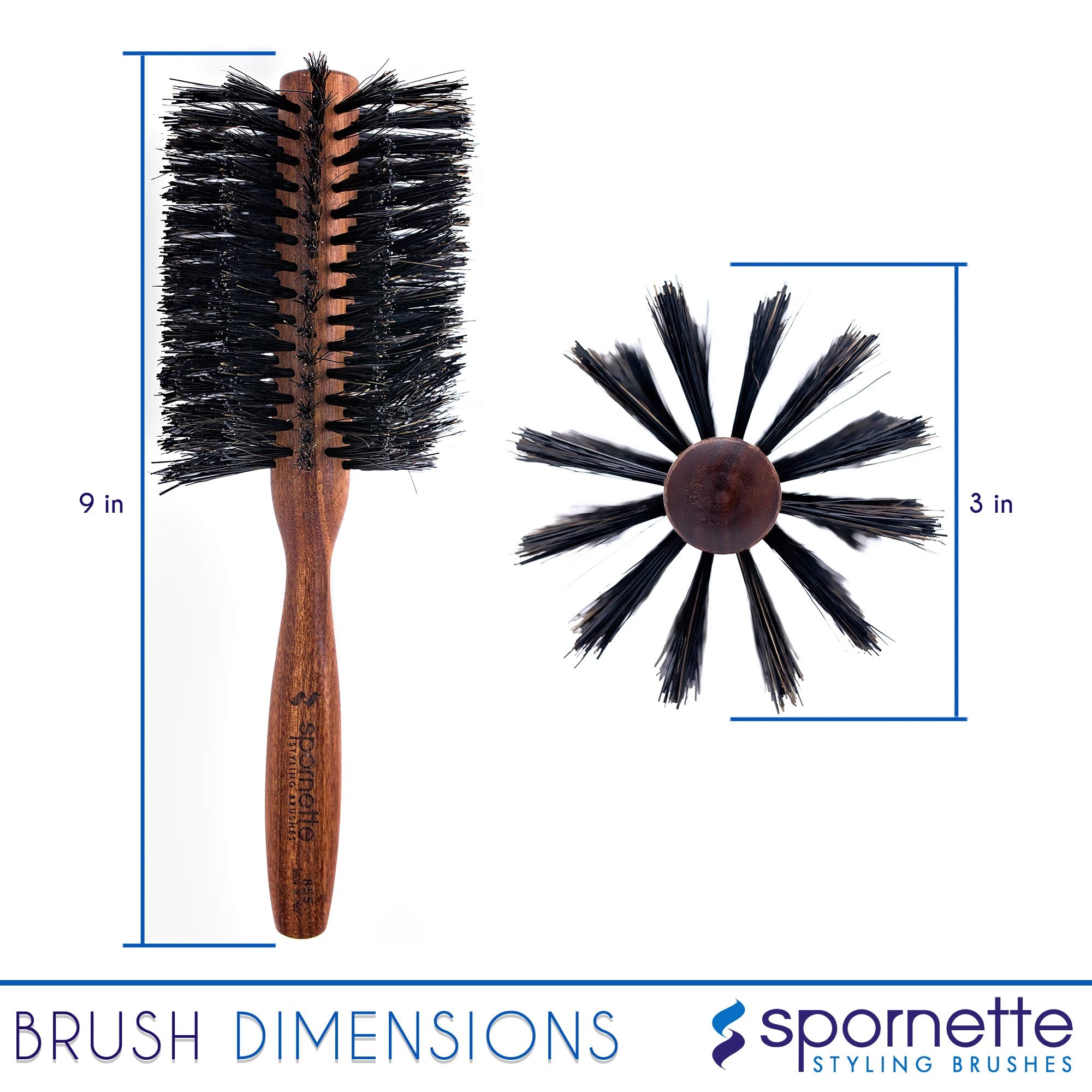 SPORNETTE Italian Boar Bristle Round Hair Brush - Large 3 Inch for Blow Drying & Styling - Brown, Model 855, Ideal for Medium to Long Hair
