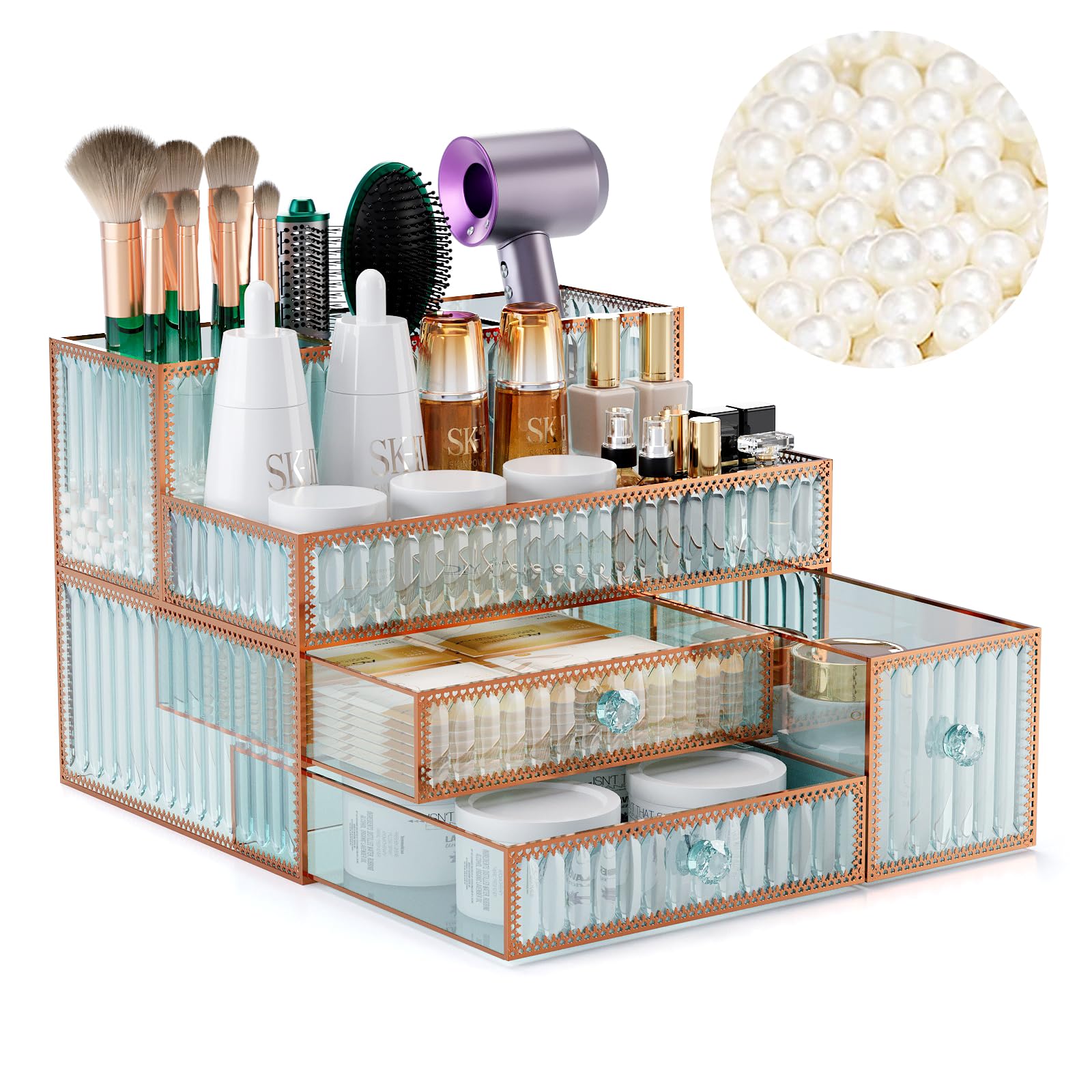 Youdepot Makeup Organizer Countertop - Tempered Glass Vanity Organizer For Cosmetics, Skincare, Hair Tools, Brushes, Perfume - M
