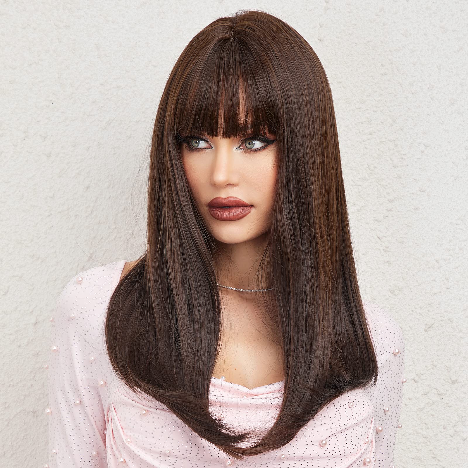 Haircube Dark Brown Synthetic Women'S Wig Long Straight Layered And Heat Resistant