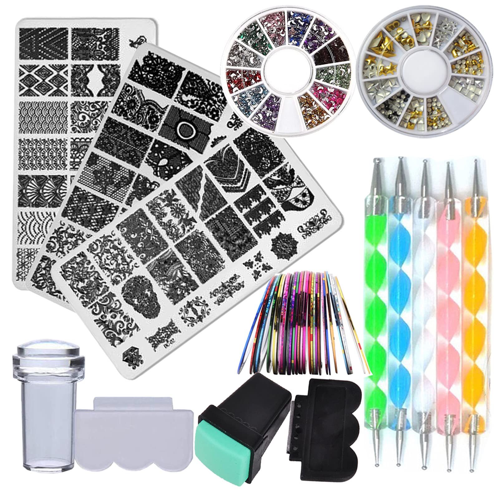 Nail Art Kit 3Pc Flower Animal Nail Stamping Plate, 2 Acrylic Nail Rhinestone Decoration, 5Pc Mandala Dotting Pen, 10Pc Holograp