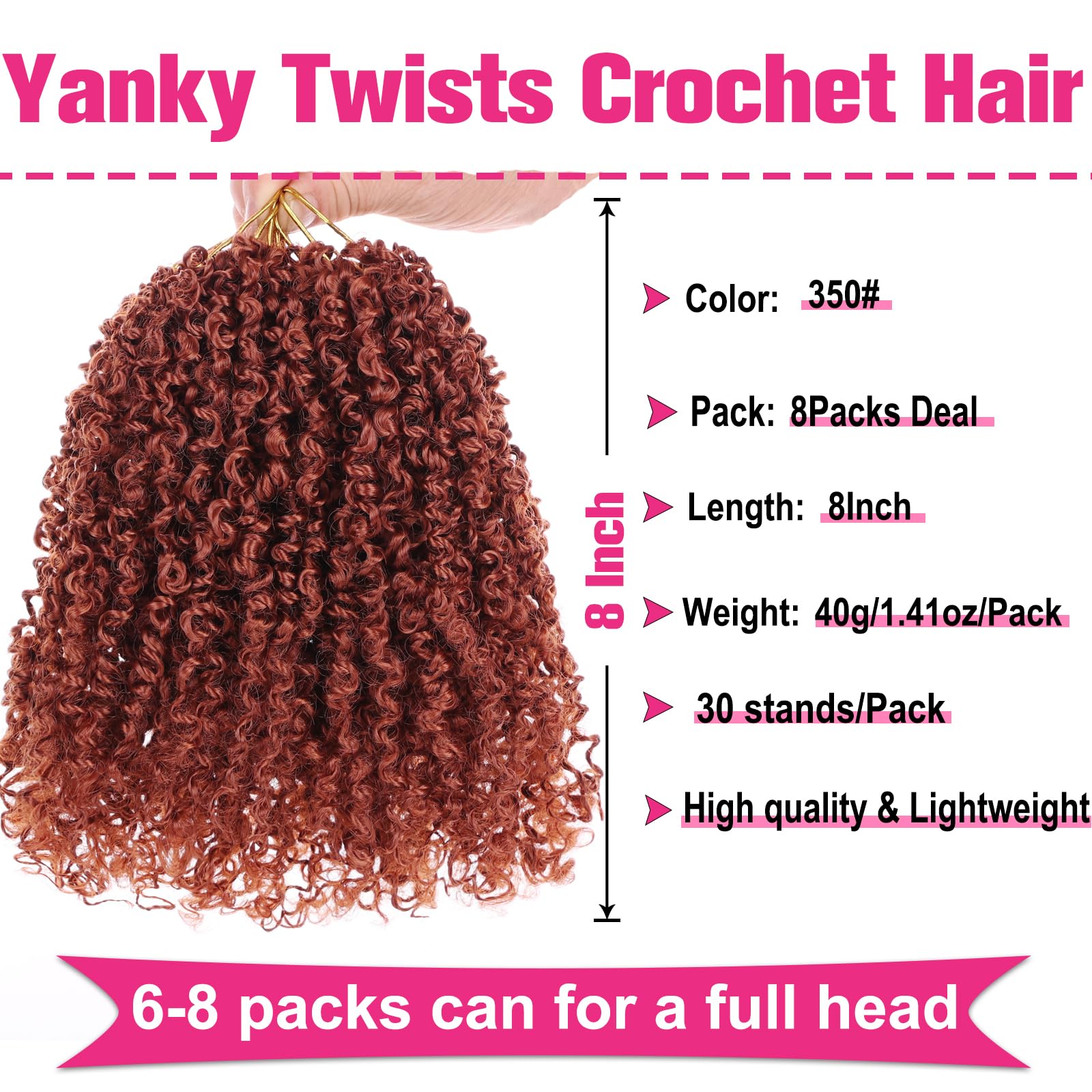 Unionbeauty 8 Inch 8 PCS Yanky Twist Crochet Hair Copper Red Pre-Twisted Passion Twist Crochet Braids Hair Ginger Synthetic Croc