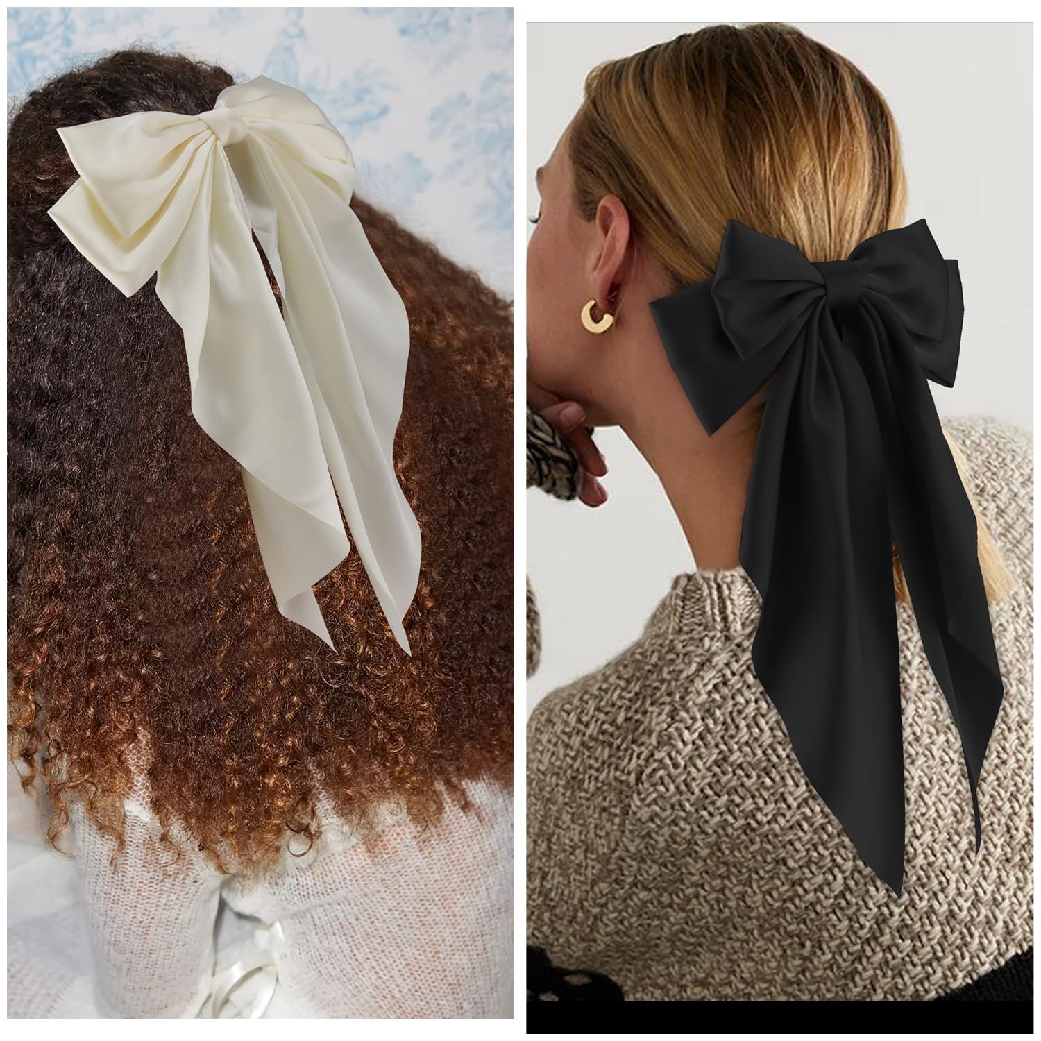 Atoden Oversized Hair Barrettes: Silky Satin Bowknot Clips, Long Tail Ribbons For Women - Black, White, Beige (6Pcs)
