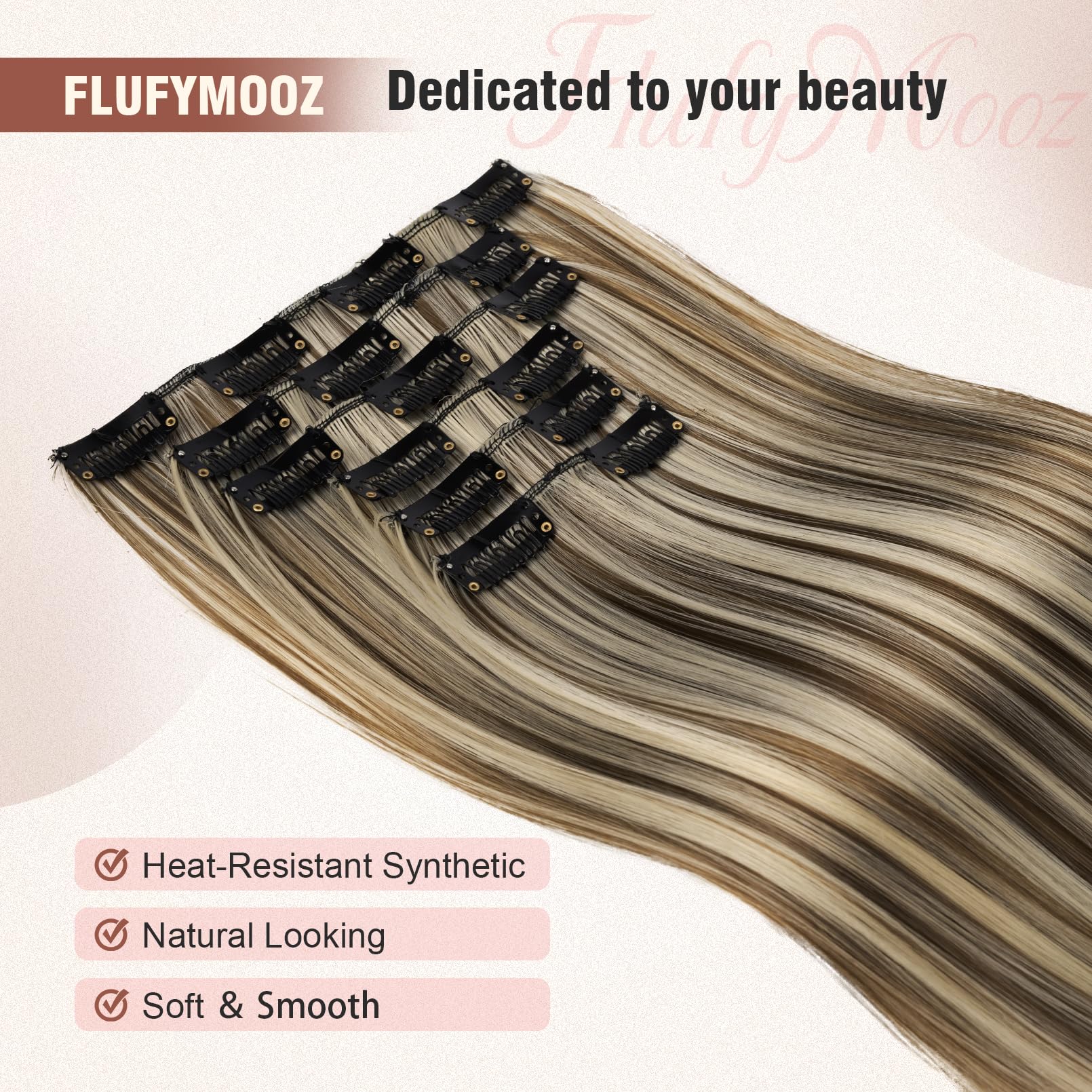 Flufymooz 6Pc Clip In Hair Extensions 24'' Straight Long Extensions For Women Synthetic Hairpiece (Chocolate Brown With Blonde H