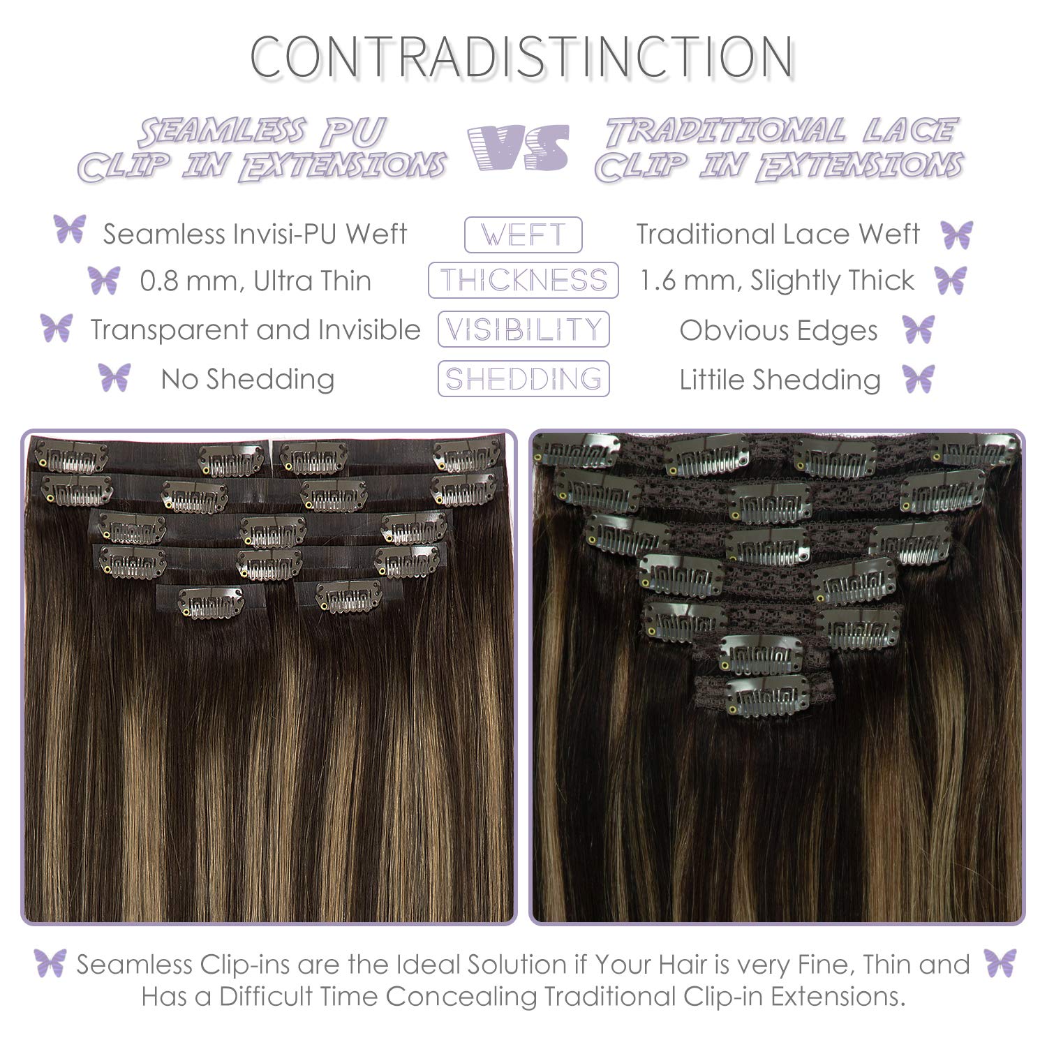 Lacer Hair Extensions Clip in Human Hair Chestnut Brown Mixed Dark Brown with Dark Brown Roots Color Ultra Thin PU Weft Seamless