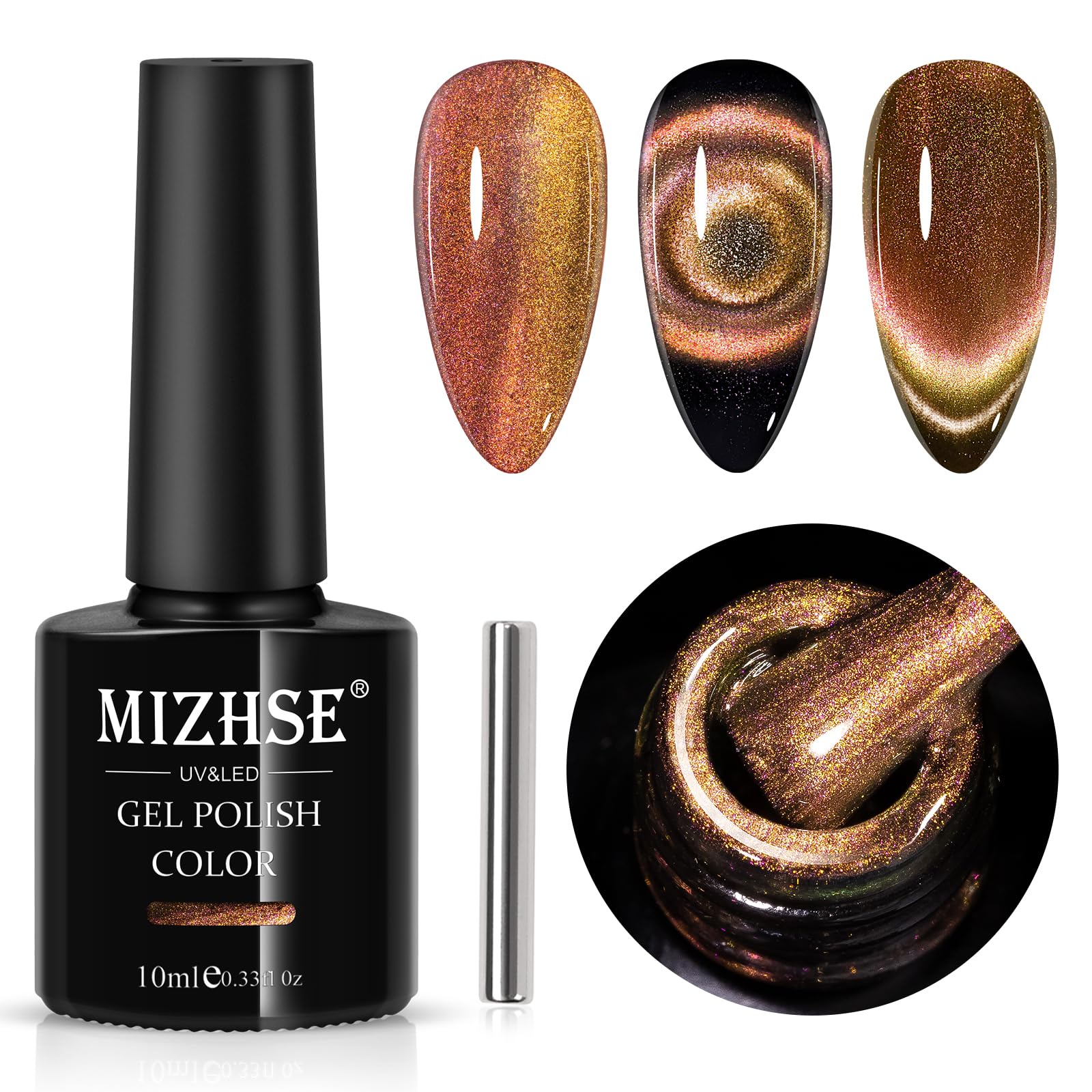 Mizhse 9D Cat Eye Gel Nail Polish, Brown Magnetic Gel Polish With Magnet Stick, Fall Nails Magic Shimmer Galaxy Effect Holograph