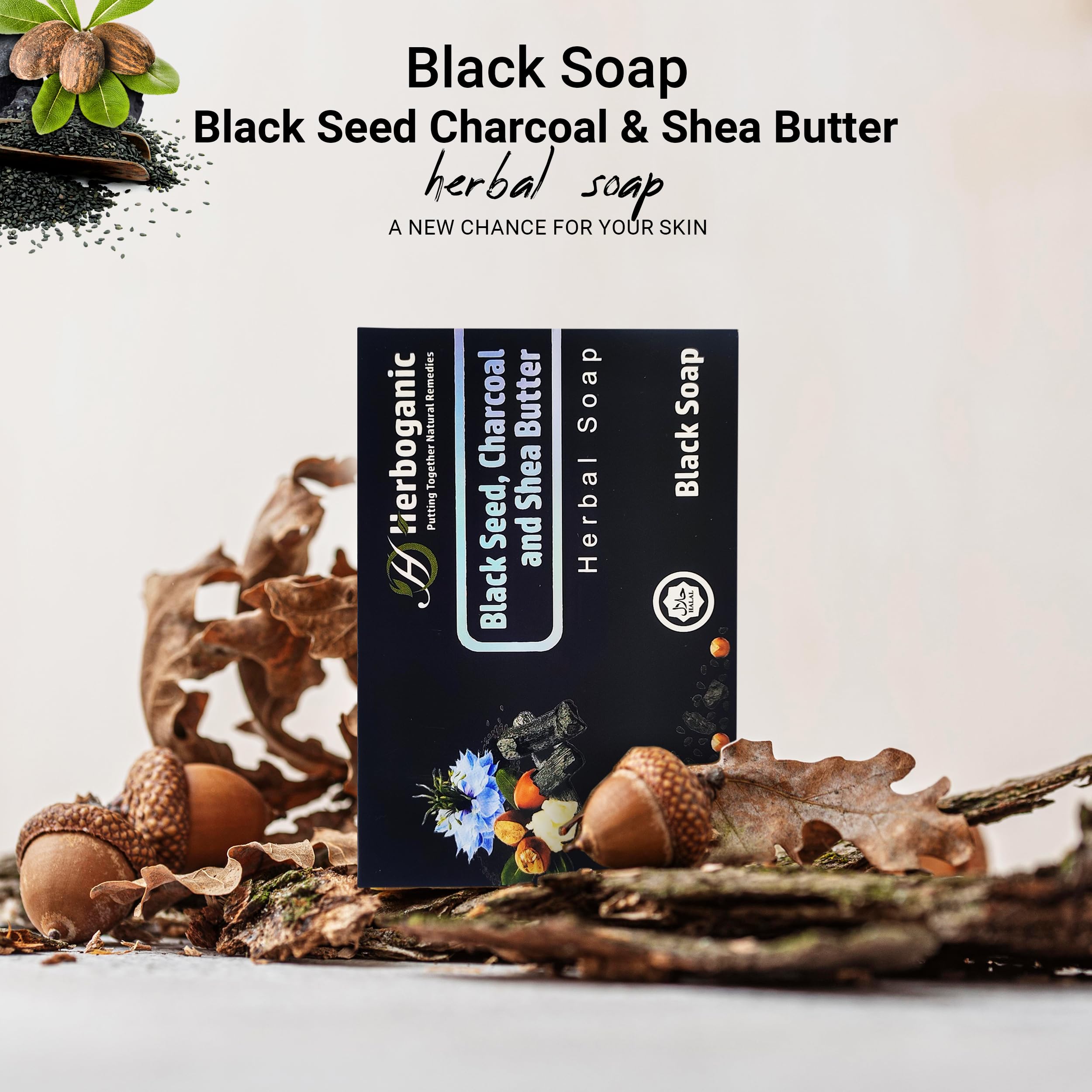 HERBOGANIC Black Seed, Charcoal and Shea Butter Herbal Soap | Pack of 3 of 5oz soap Bar | Natural Bar Soap for Face and Body | H