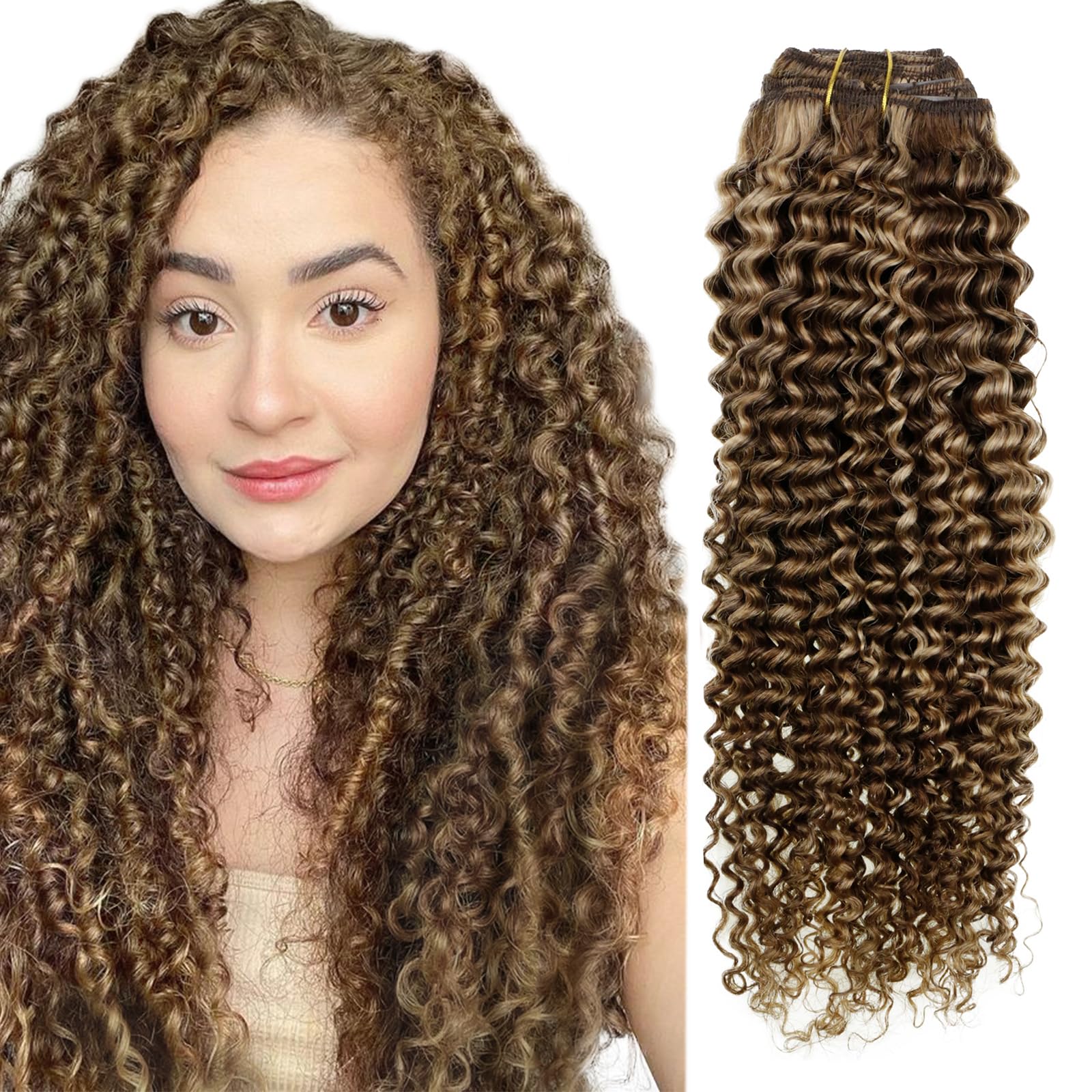 Hetto Kinky Curly Clip in Hair Extensions Human Hair #P4/27 Brown Highlight Blonde Curly Hair Extensions Clip in Human Hair Jerr