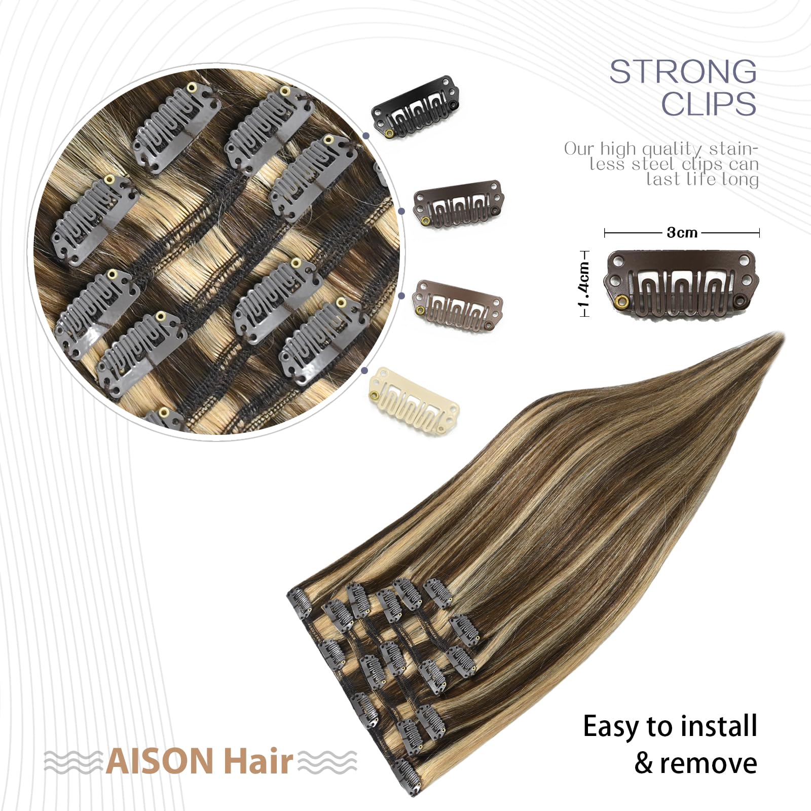 Aison Caramel Clip in Hair Extensions 70G Highlight Chocolate Brown to Caramel Blonde 100% Remy Human Hair Soft Silky Straight f