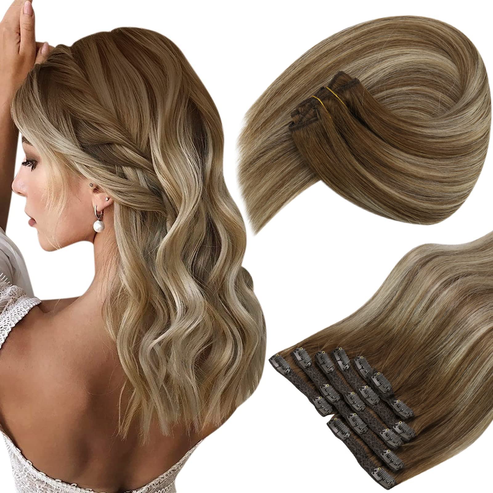 Sunny Balayage Clip in Hair Extensions Invisible Clip in Extensions Human Hair Chestnut Brown Balayage Platinum Blonde Real Hair