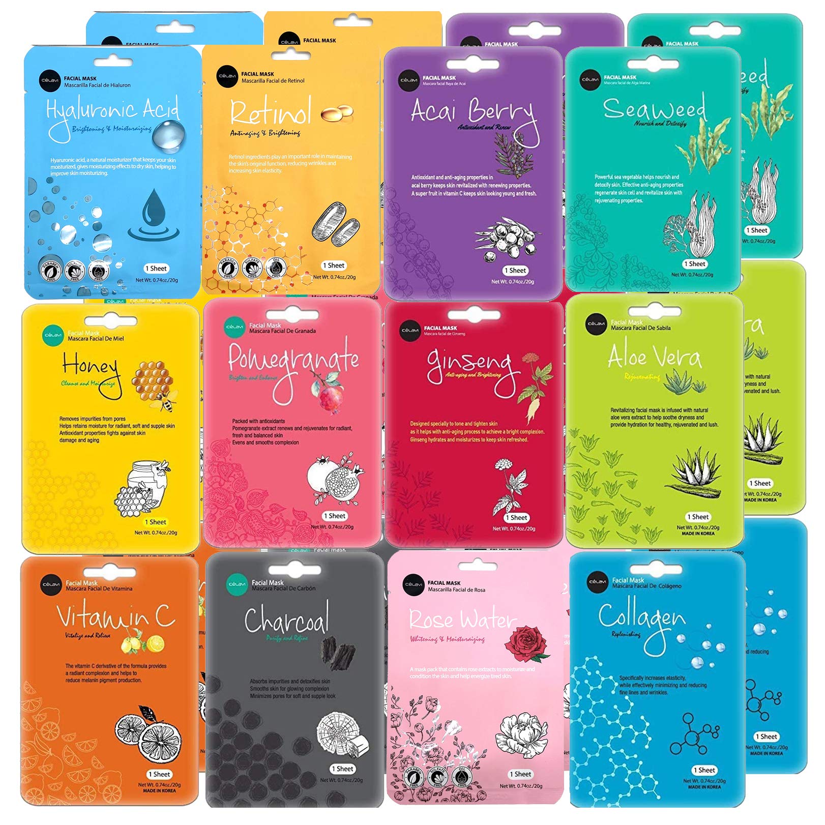 Celavi Face Mask Set Korean Beauty Essence Facial Paper Sheet Mask Korea Skin Care Moisturizing 2 Packs Of Each 12 New Flavors K