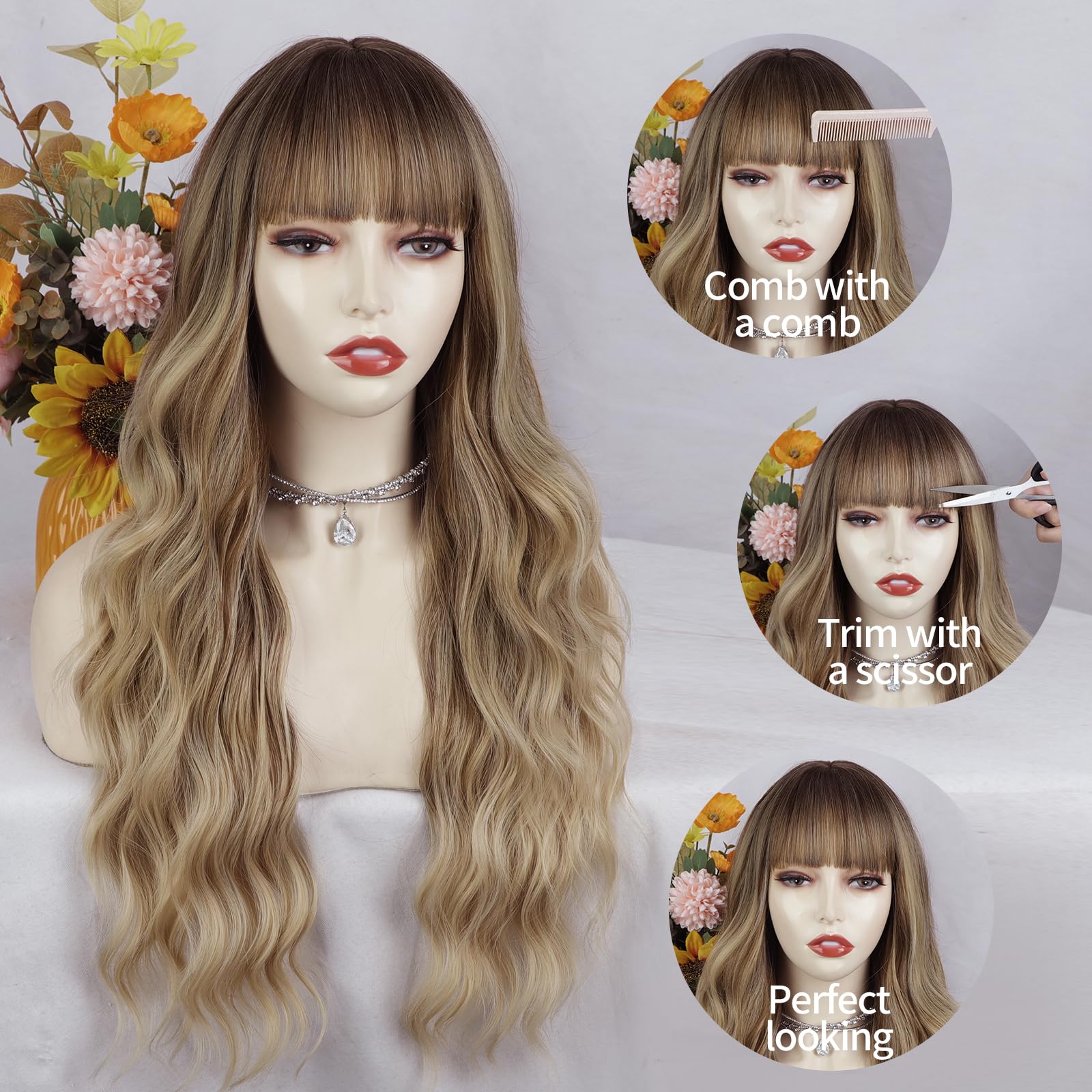 Lativ Blonde Wig With Bangs Long Wavy Curly Ombre Wig With Dark Root Synthetic Heat Resistant Wigs For Women Daily Party Use 26