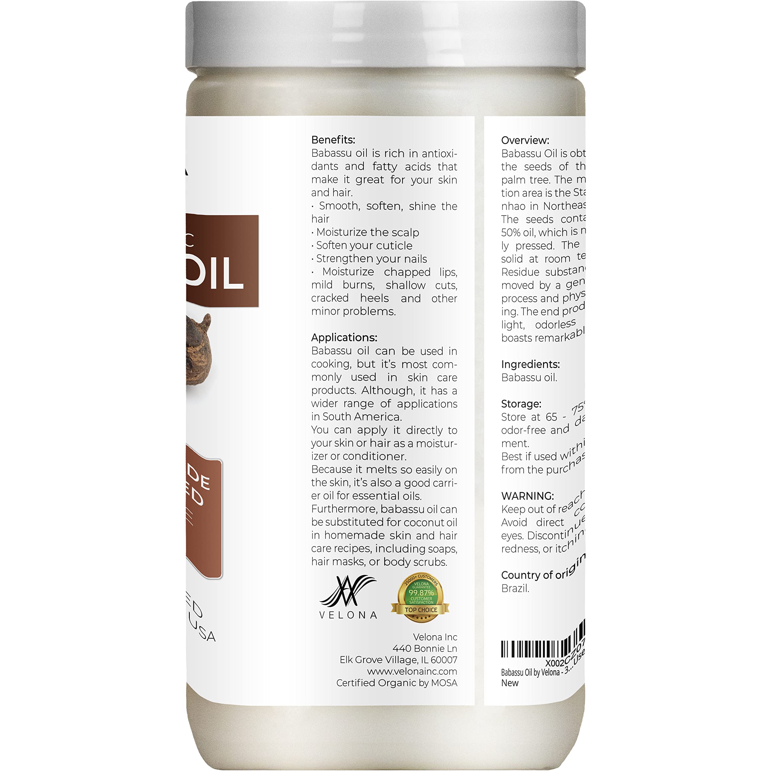 Velona Babassu Oil Usda Certified Organic - 64 Oz | 100% Pure And Natural Carrier Oil | Refined, Cold Pressed