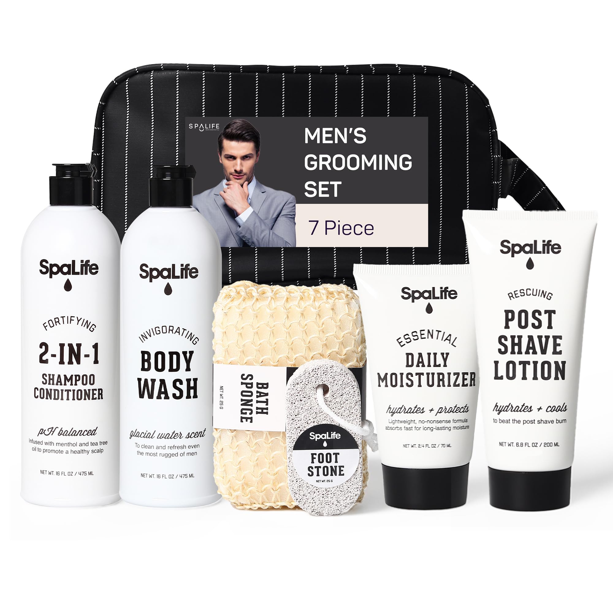 Spalife 7-Piece Bath And Body Men Grooming Gift Set - 2-In-1 Shampoo & Conditioner, Body Wash, Daily Moisturizer, Post-Shave Lot
