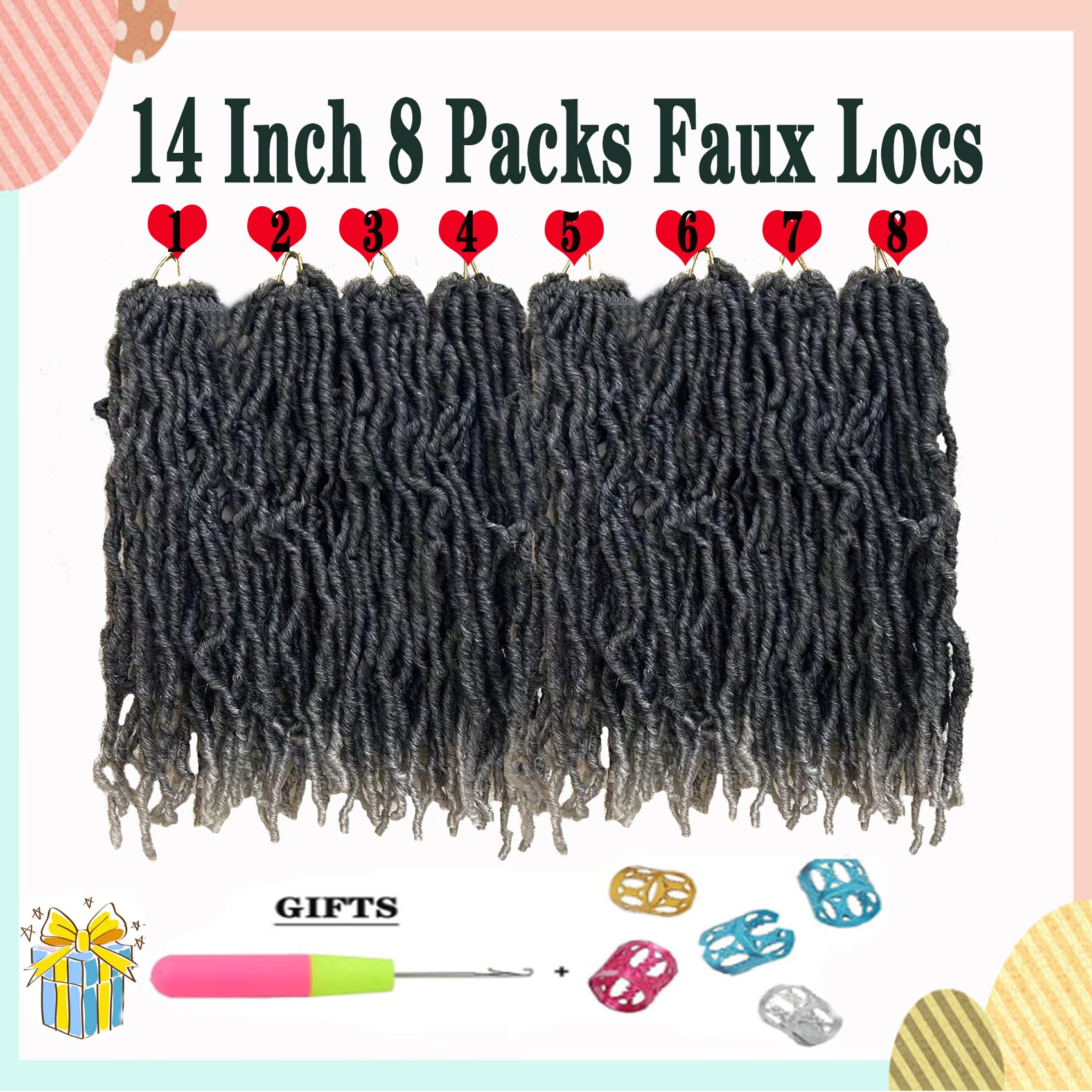 Paraglame 14 Inch Grey Soft Locs Crochet Hair, 8 Packs Faux Locs Crochet Braids, Pre Looped Goddess Soft Locs Crochet Hair For B