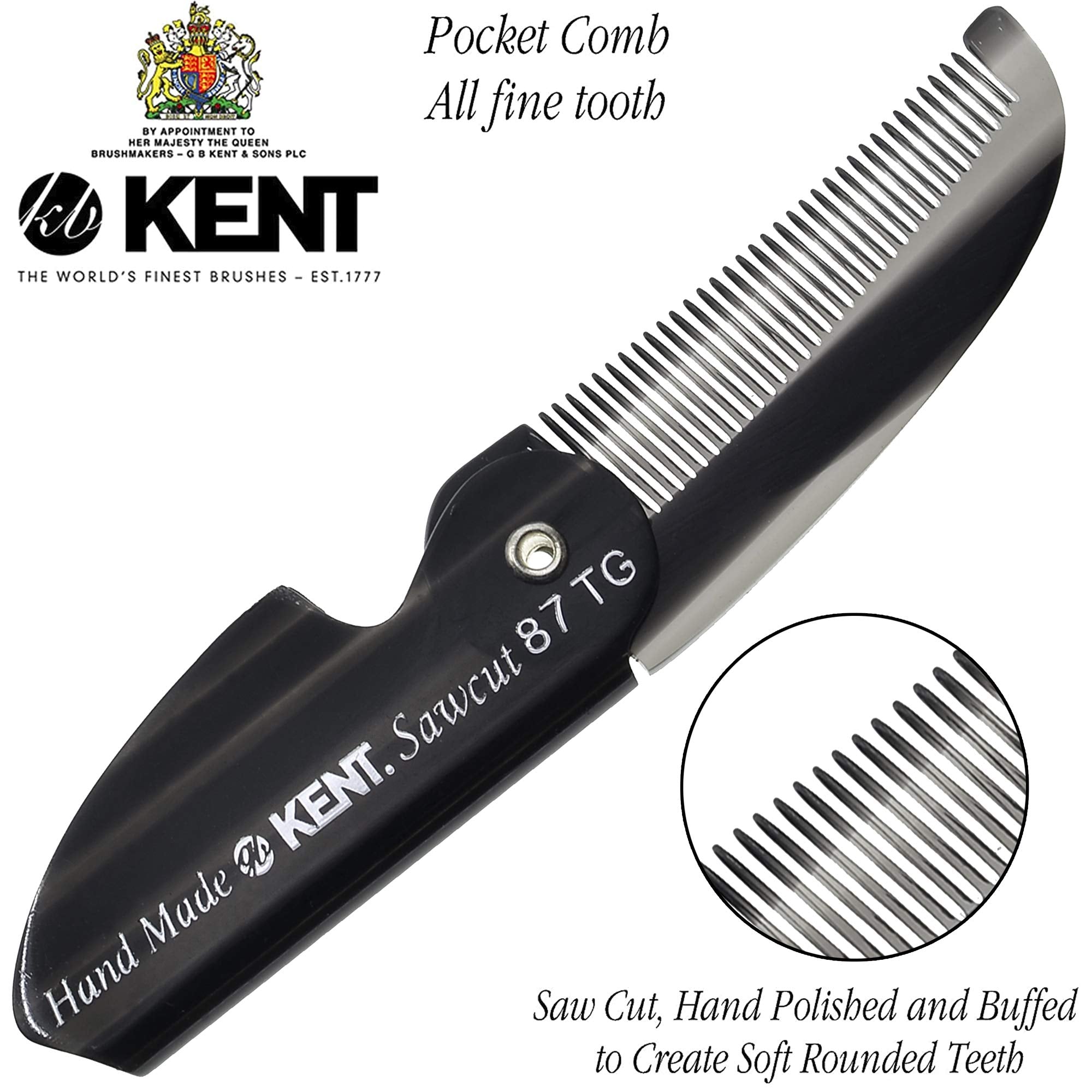 Kent 87T Black Graphite Handmade Folding Pocket Comb for Men, Fine Tooth Hair Comb Straightener for Everyday Grooming Styling Ha