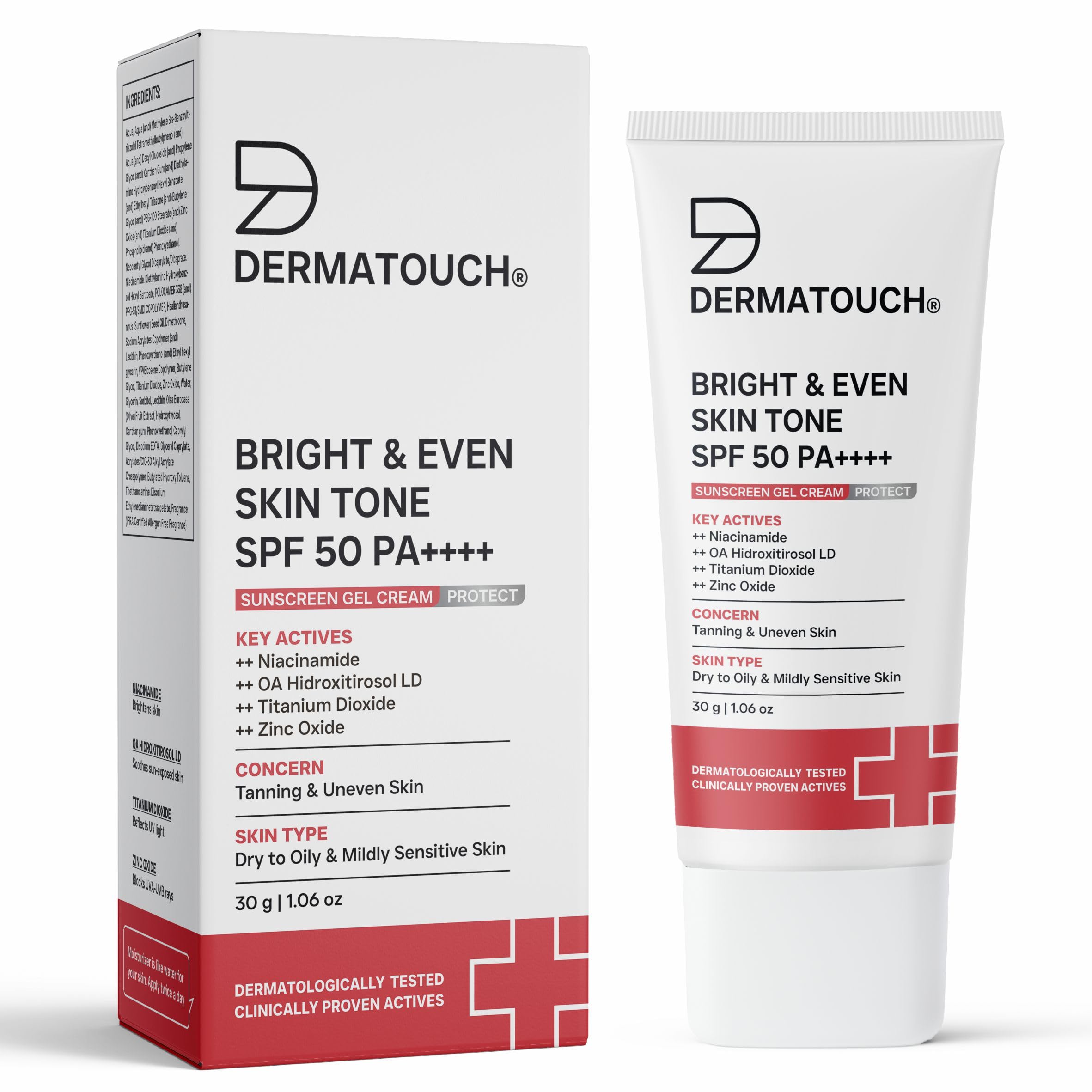 Dermatouch Bright & Even Skin Tone Spf 50 Pa++++ Sunscreen Gel Cream For Tanning, Uneven Skin Tone & Sun Protection | Suitable F