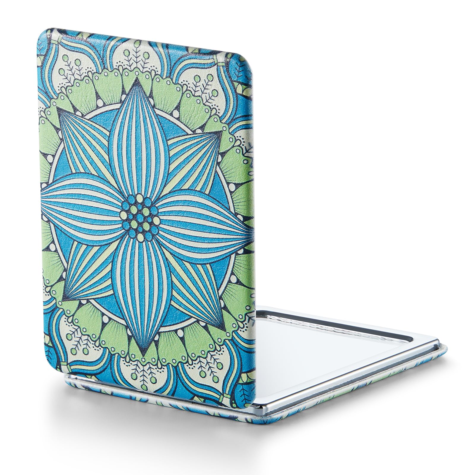 Omiro 1X/3X Magnifying Mirror, Unique Painting Compact Mirror With Classical Pu Leather, 2.4'' W X 3.4'' L (Green Flower Mandala