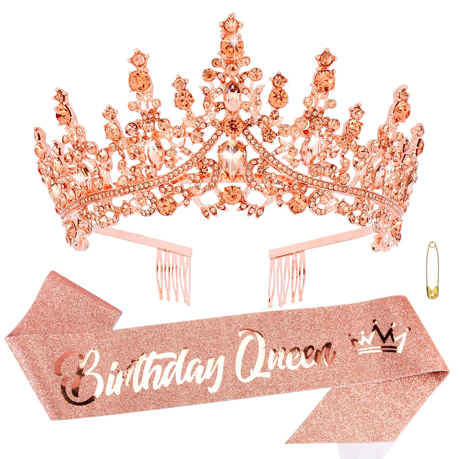 ATODEN Birthday Queen Sash Tiara Crown Rose Gold Tiaras and Crowns for Women Girls Crystal Princess Tiara Rhinestone Headbands Q