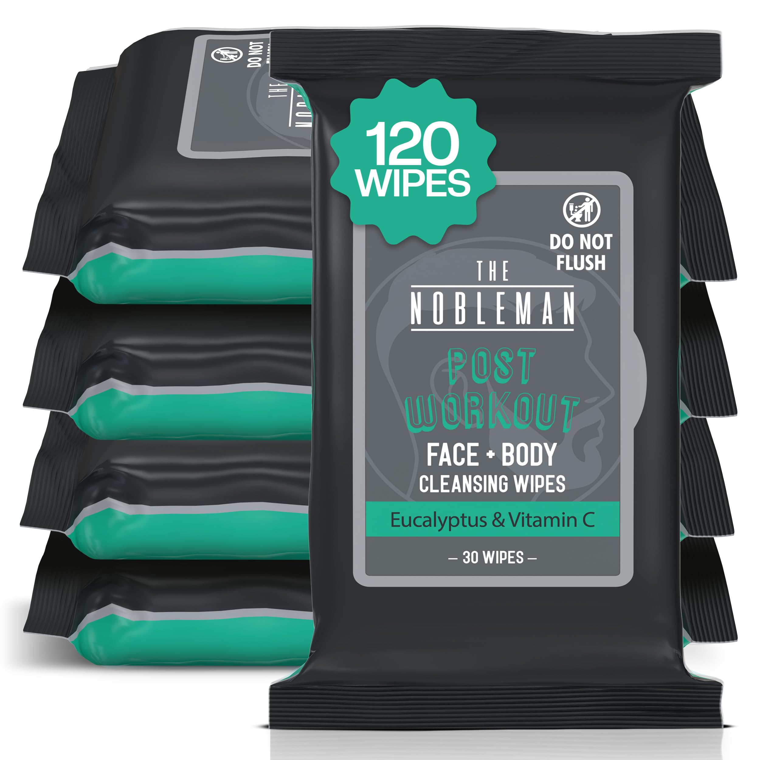 The Nobleman 4-Pack Face + Body Cleansing Wipes: 4 Post Workout Packs with Eucalyptus and Vitamin C (120 Ct.)