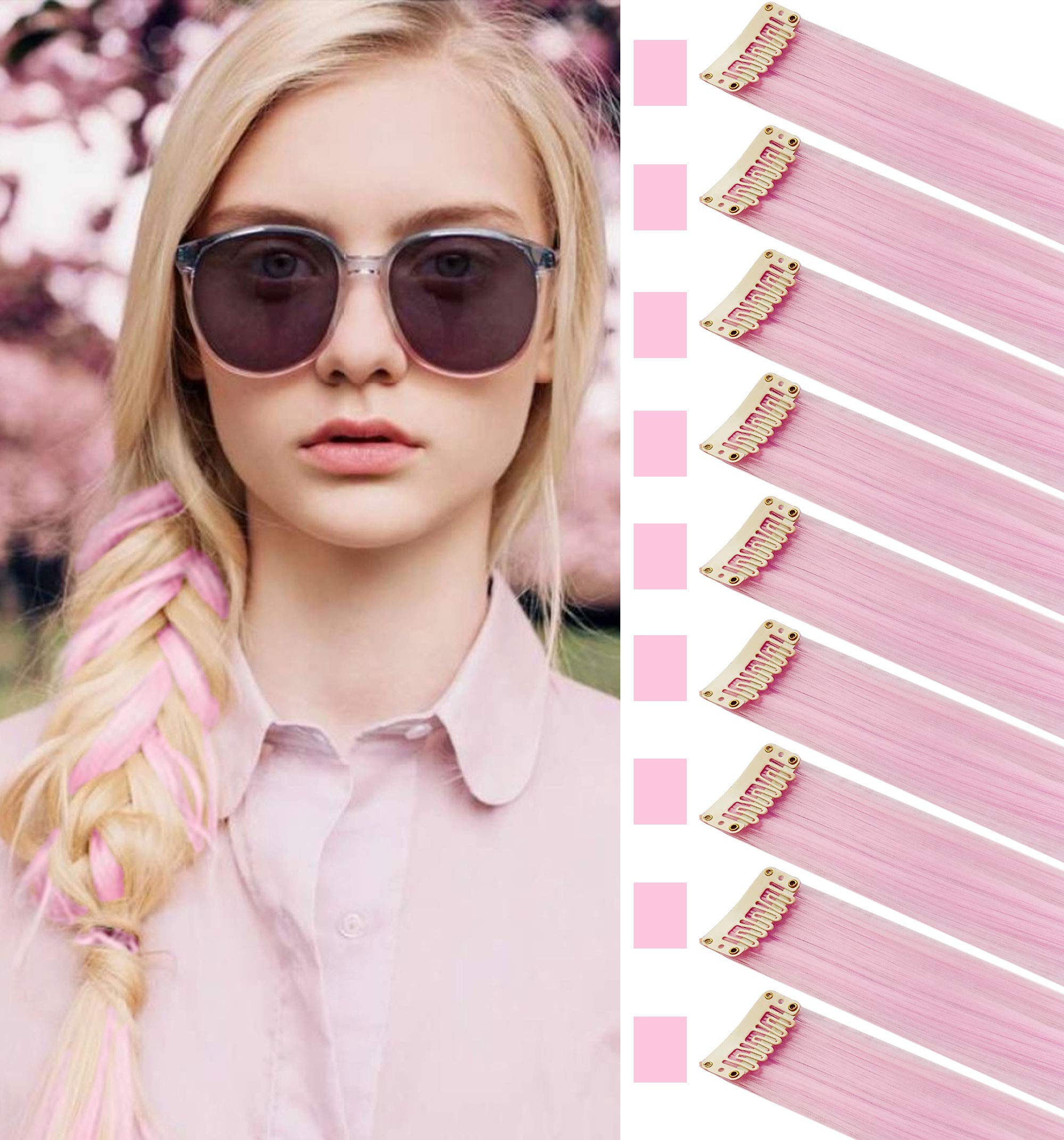 SARARHY 16 PCS Colored Hair Extensions Clip in Holiday Party Highlights 21 inch Straight Synthetic Pink Hairpieces for Girls Wom